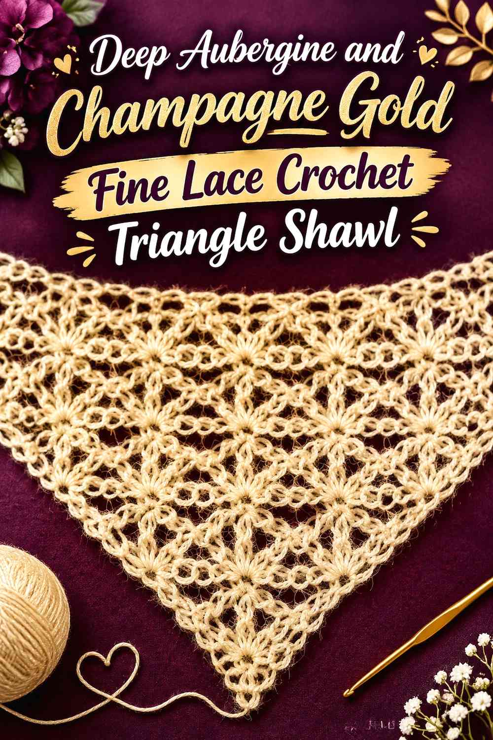 Deep Aubergine and Champagne Gold Fine Lace Crochet Triangle Shawl