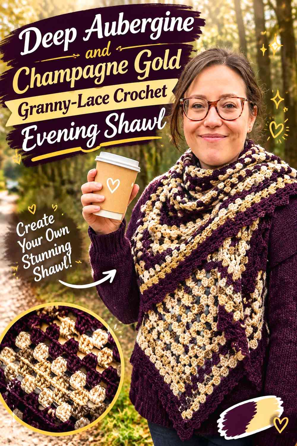 Deep Aubergine and Champagne Gold Granny-Lace Crochet Evening Shawl