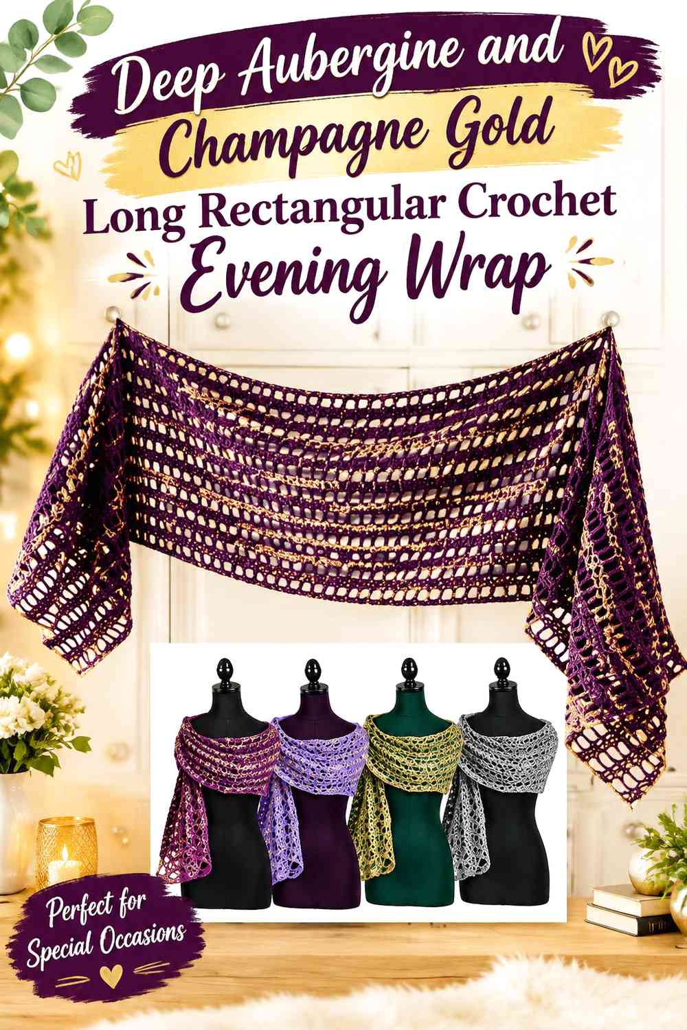 Deep Aubergine and Champagne Gold Long Rectangular Crochet Evening Wrap