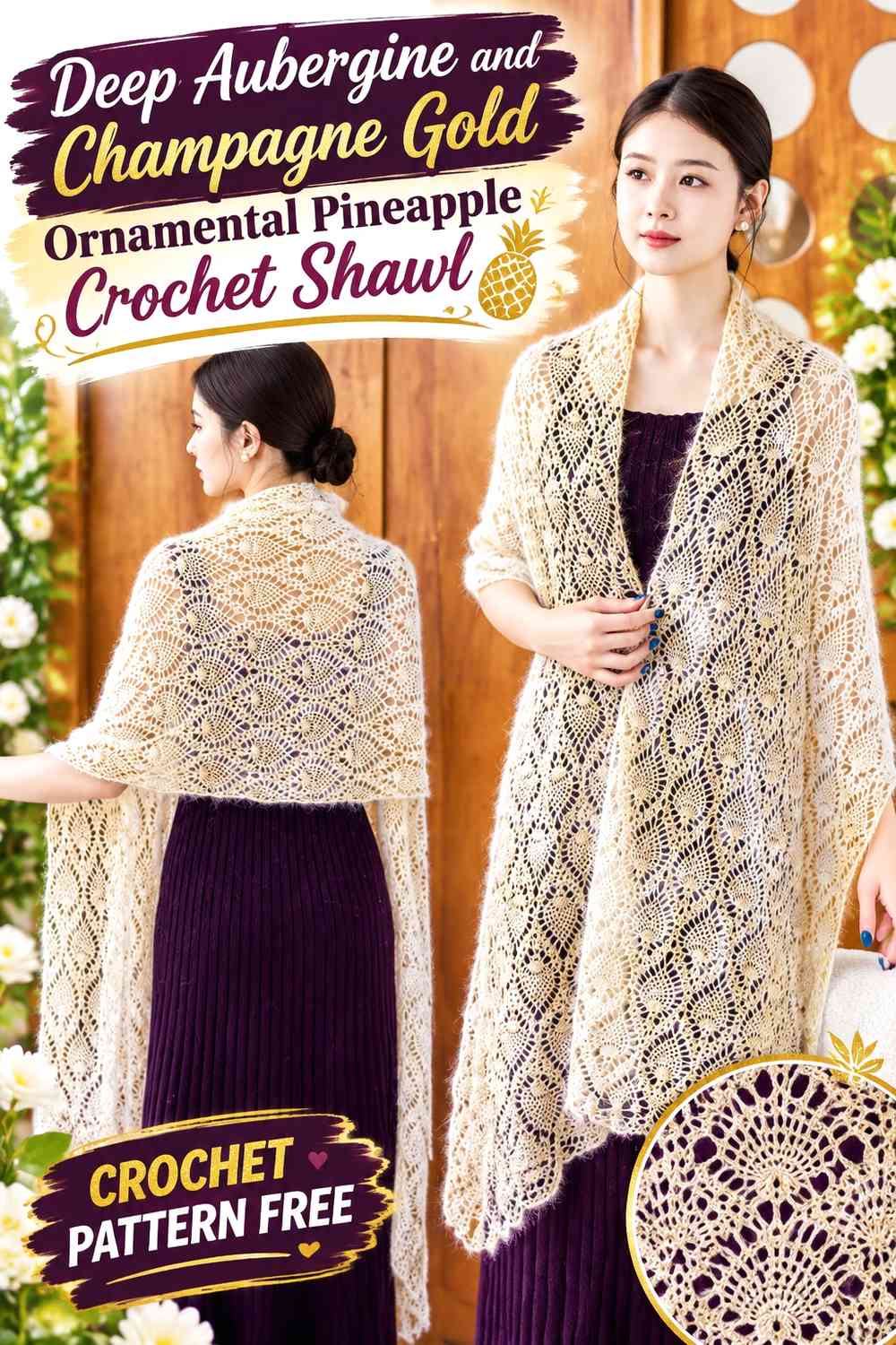 Deep Aubergine and Champagne Gold Ornamental Pineapple Crochet Shawl