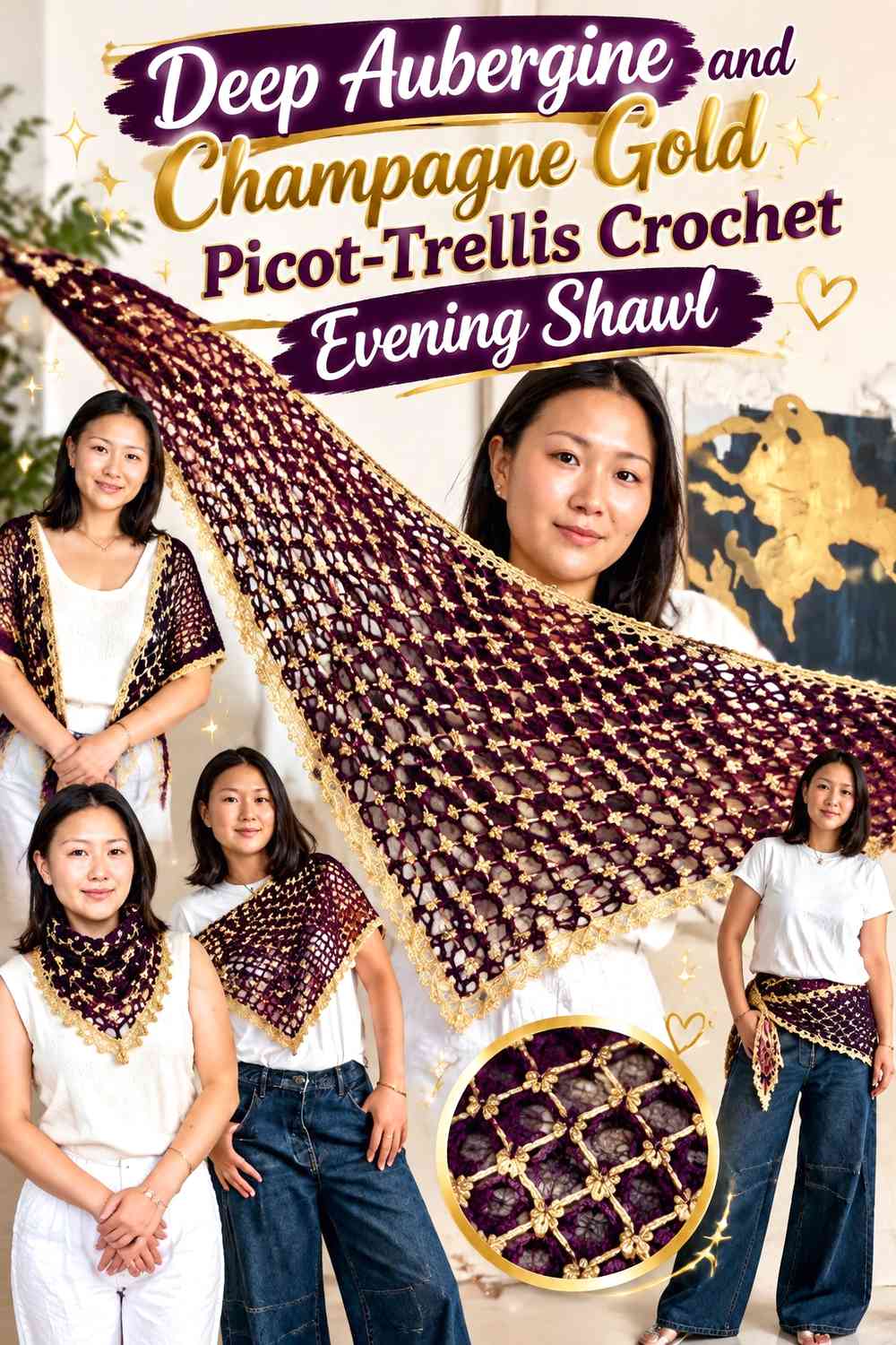 Deep Aubergine and Champagne Gold Picot-Trellis Crochet Evening Shawl