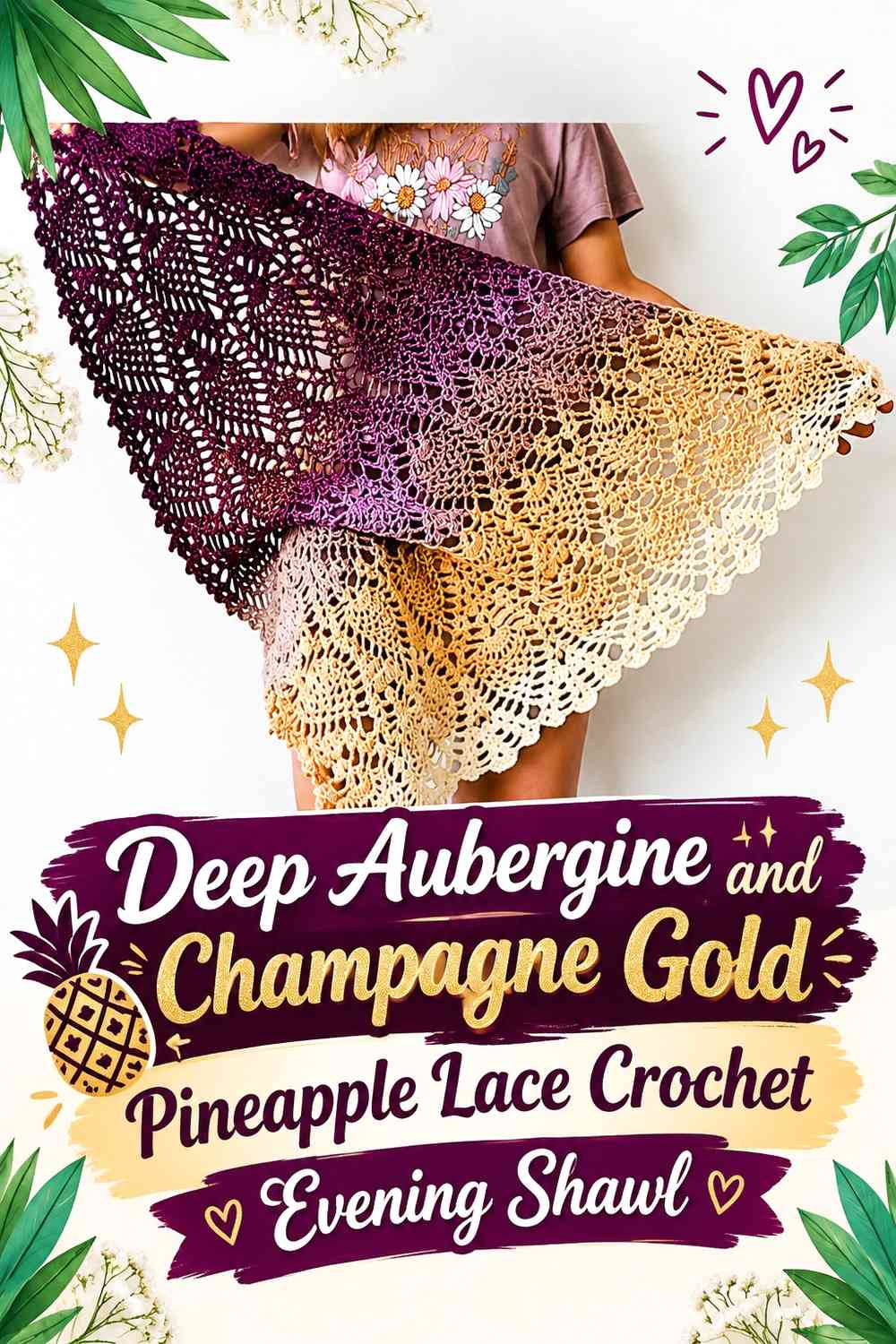 Deep Aubergine and Champagne Gold Pineapple Lace Crochet Evening Shawl