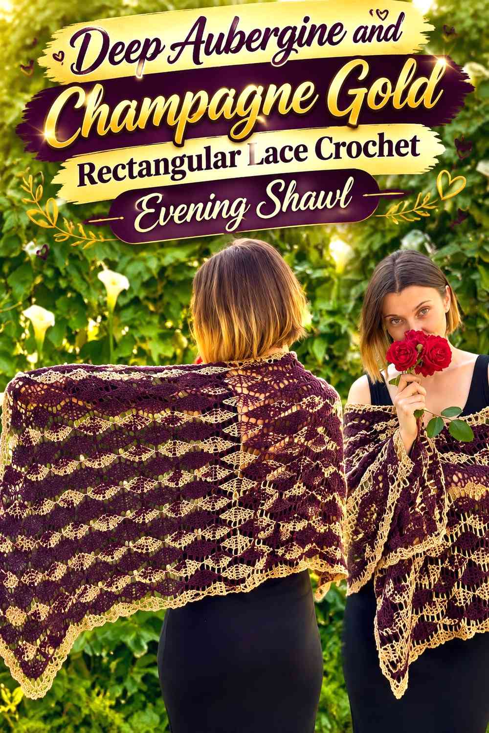 Deep Aubergine and Champagne Gold Rectangular Lace Crochet Evening Shawl