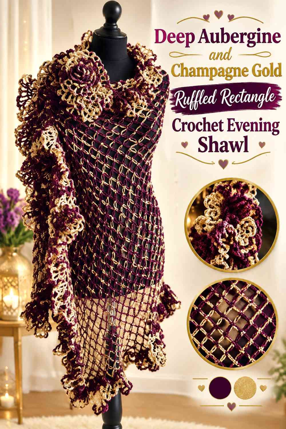 Deep Aubergine and Champagne Gold Ruffled Rectangle Crochet Evening Shawl