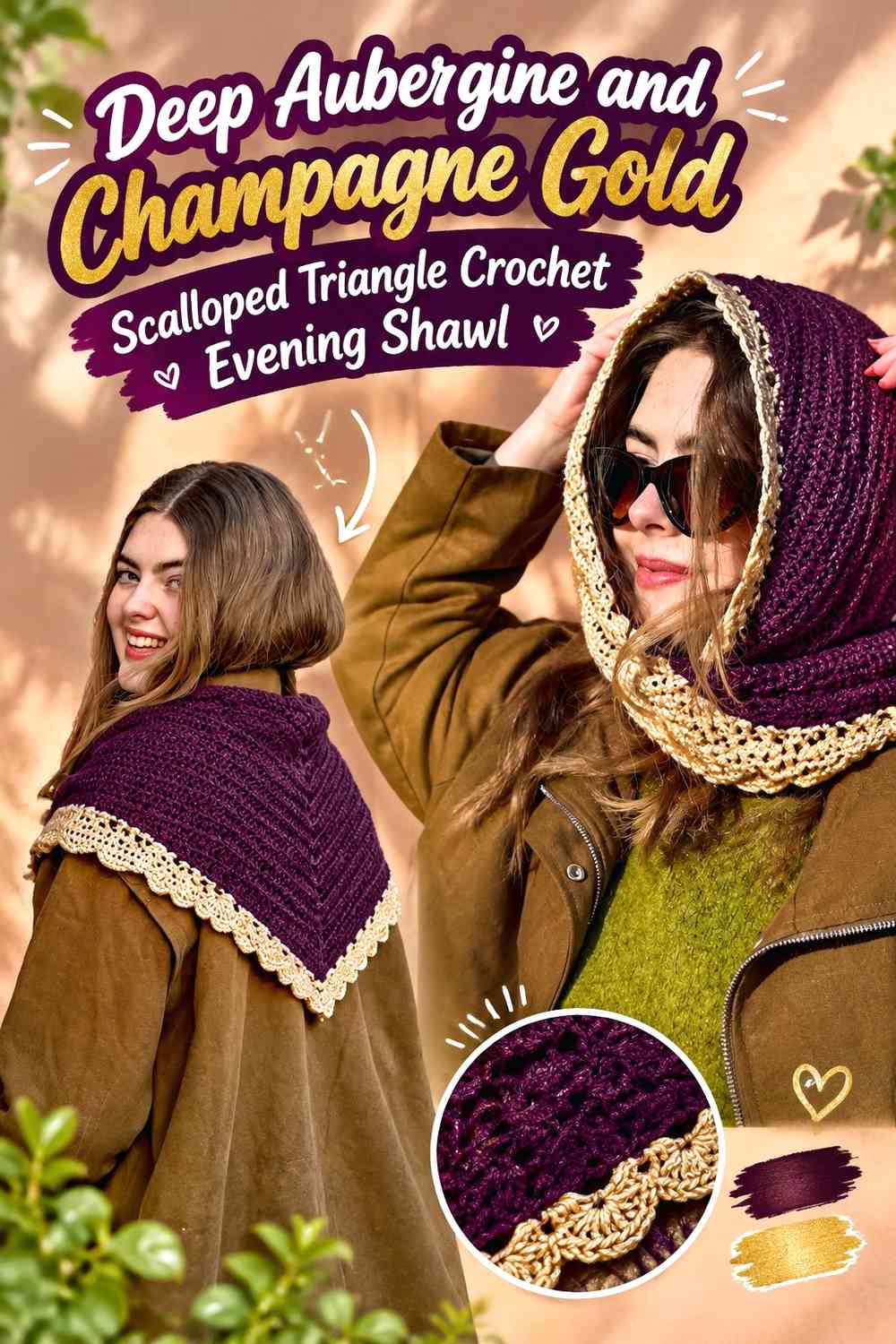 Deep Aubergine and Champagne Gold Scalloped Triangle Crochet Evening Shawl