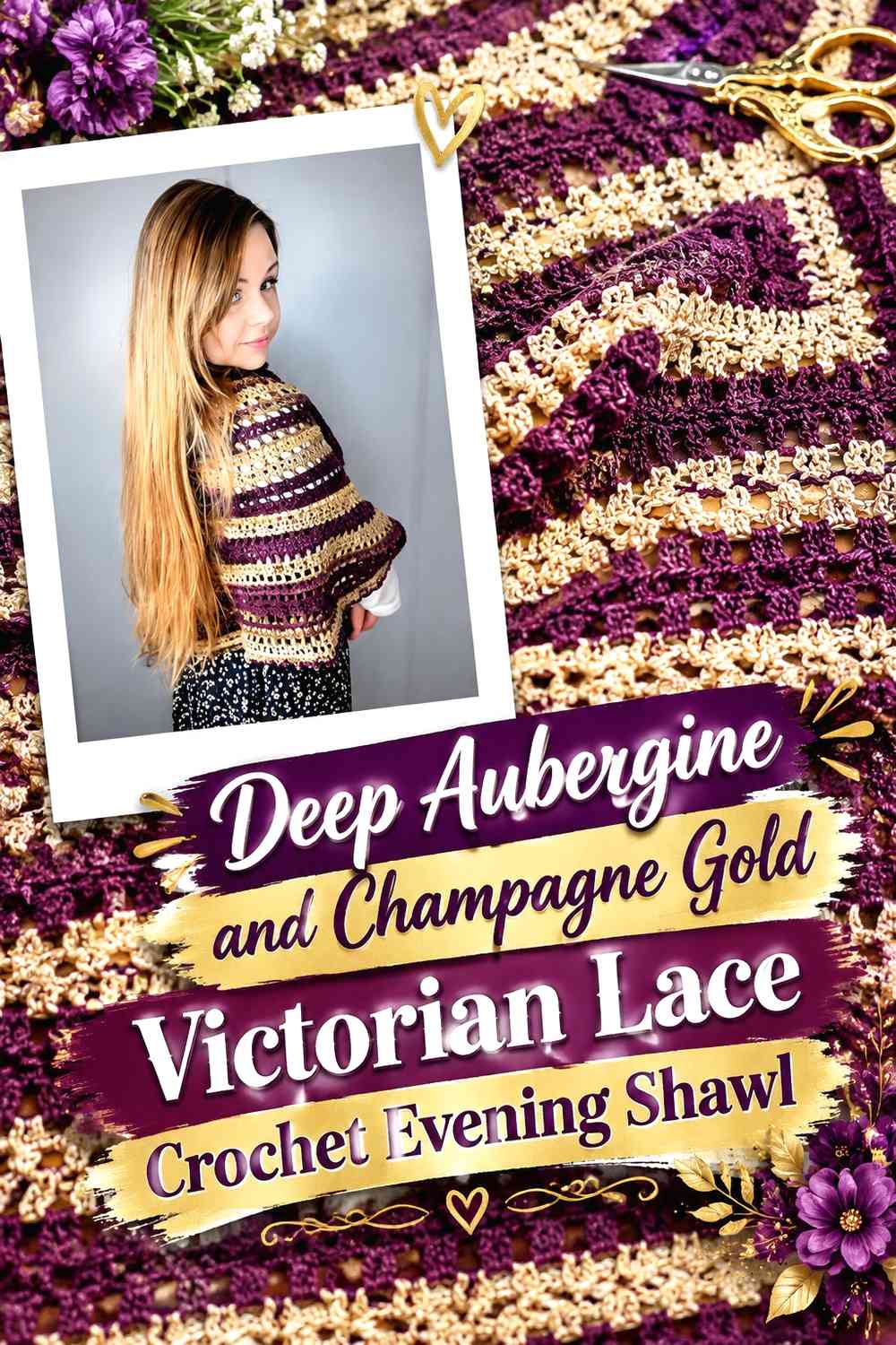 Deep Aubergine and Champagne Gold Victorian Lace Crochet Evening Shawl