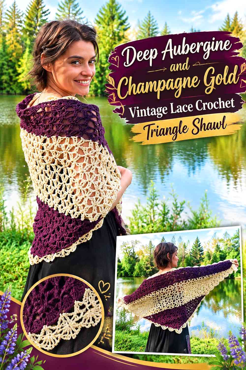 Deep Aubergine and Champagne Gold Vintage Lace Crochet Triangle Shawl