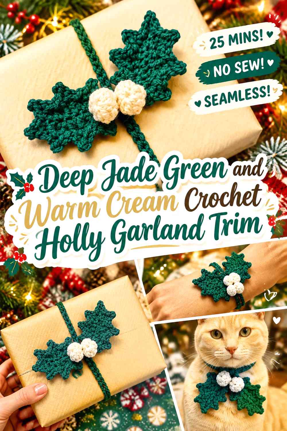 Deep Jade Green and Warm Cream Crochet Holly Garland Trim