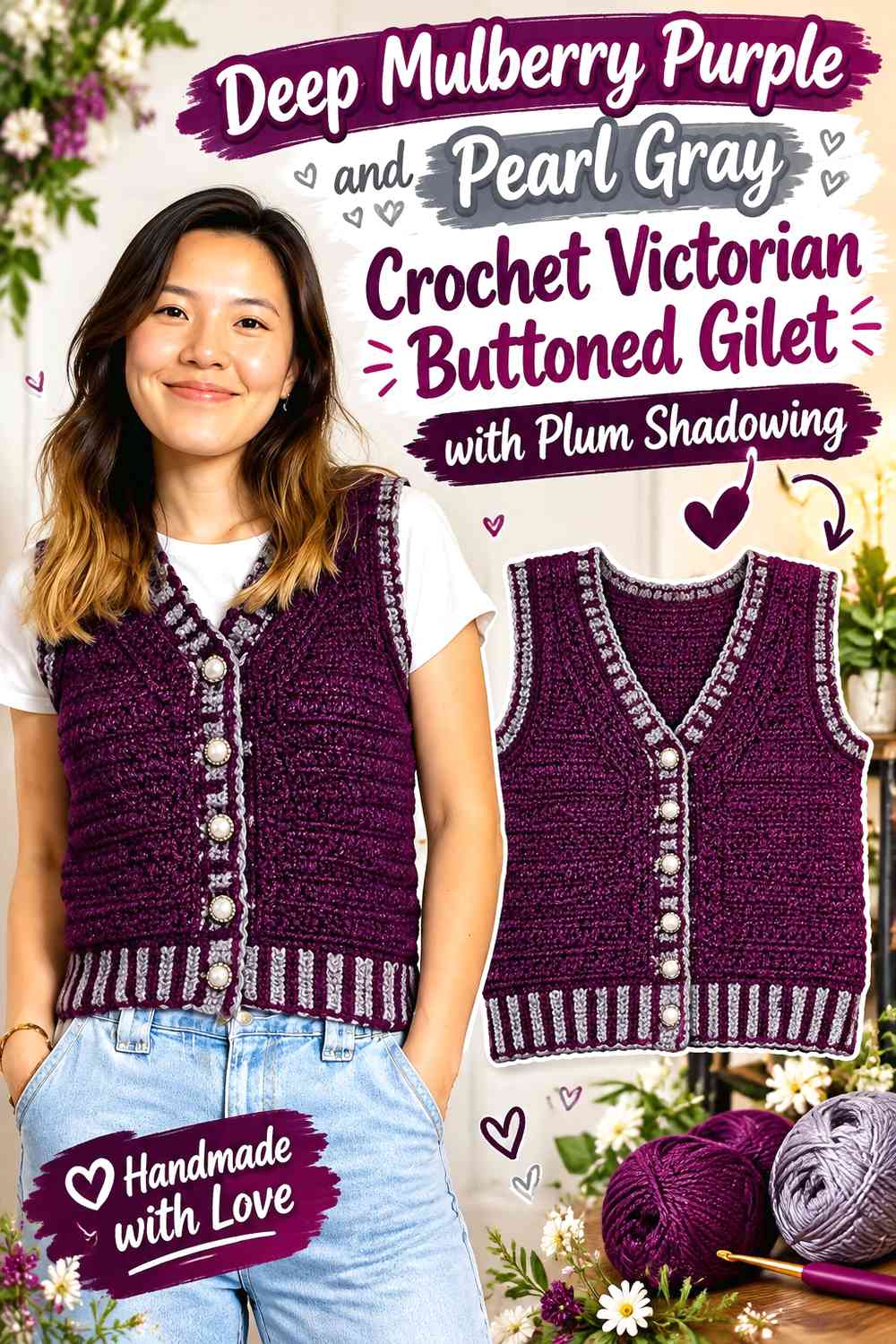 Deep Mulberry Purple and Pearl Gray Crochet Victorian Buttoned Gilet with Plum Shadowing