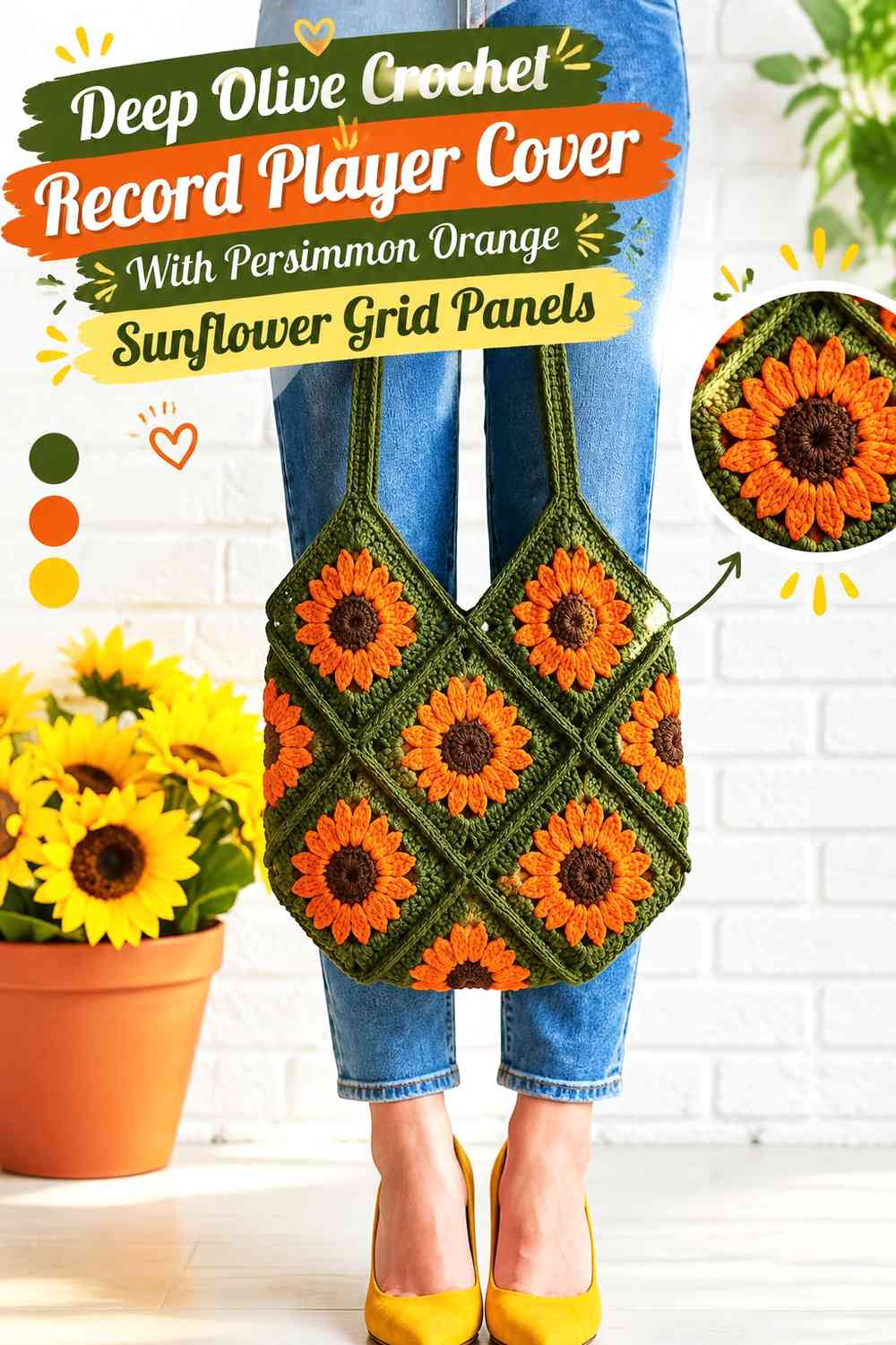 Deep Olive Crochet Record Player Cover With Persimmon Orange Sunflower Grid Panels