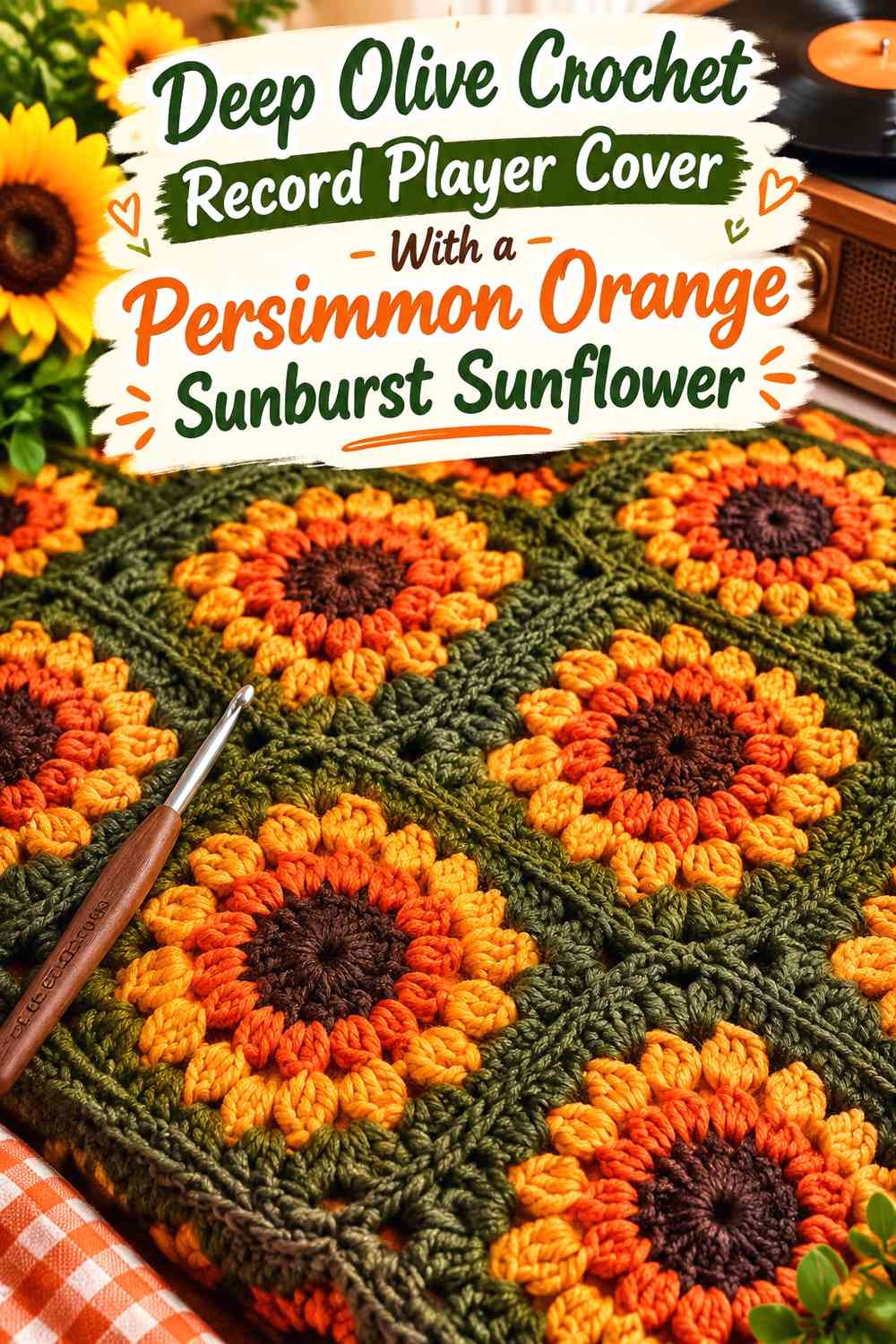 Deep Olive Crochet Record Player Cover With a Persimmon Orange Sunburst Sunflower