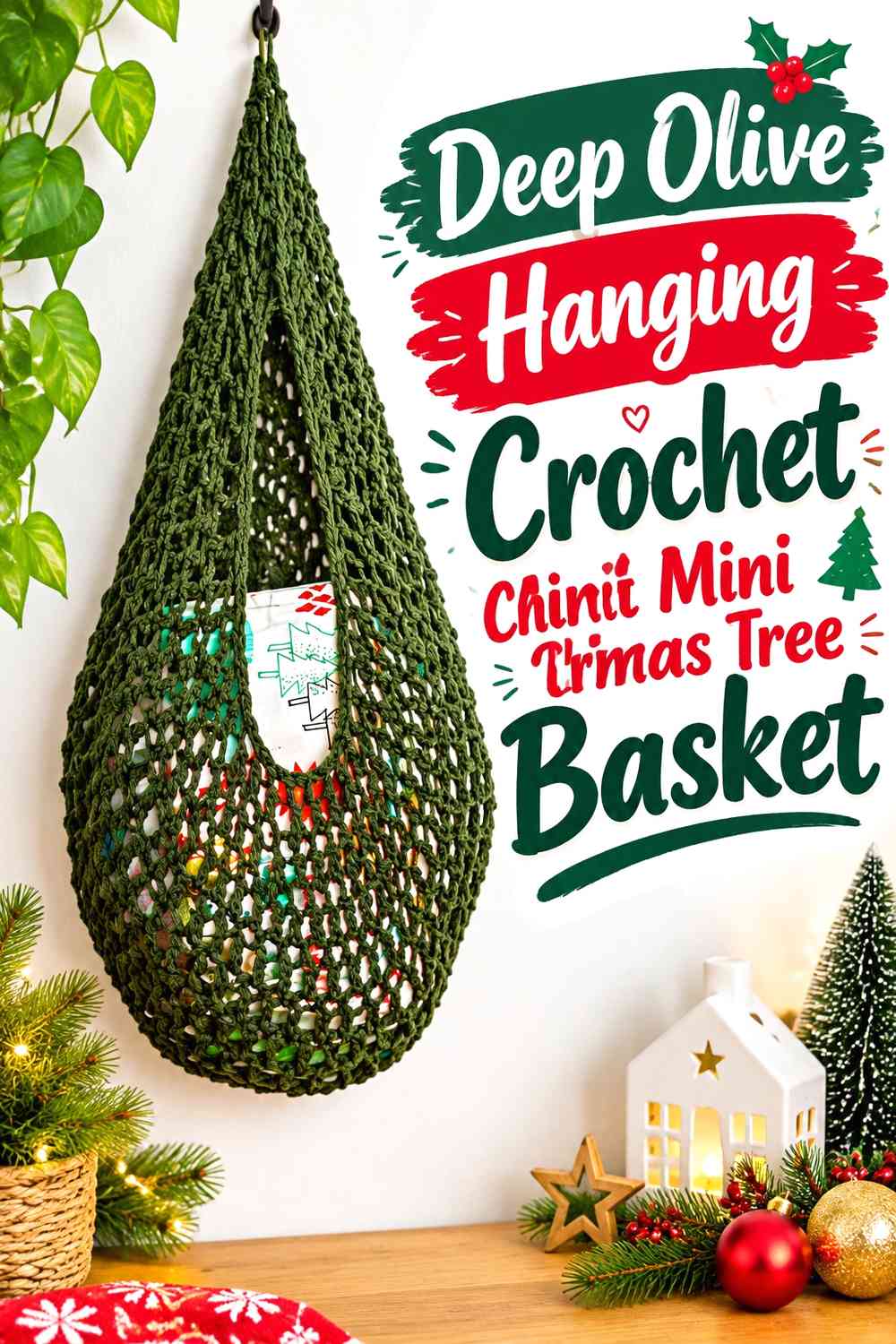 Deep Olive Hanging Crochet Mini Christmas Tree Basket