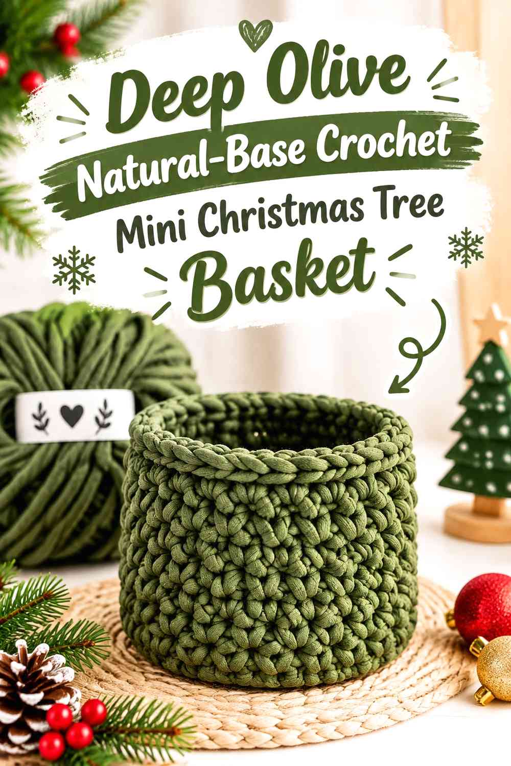 Deep Olive Natural-Base Crochet Mini Christmas Tree Basket