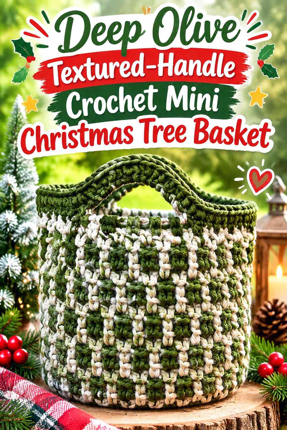 Deep Olive Textured-Handle Crochet Mini Christmas Tree Basket