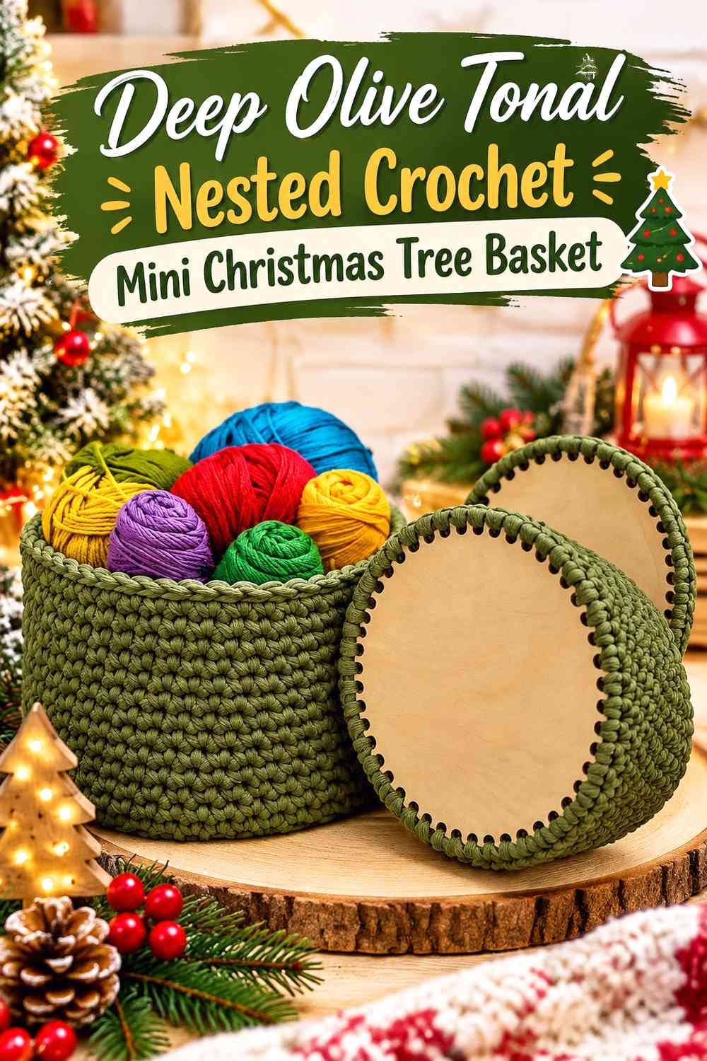 Deep Olive Tonal Nested Crochet Mini Christmas Tree Basket
