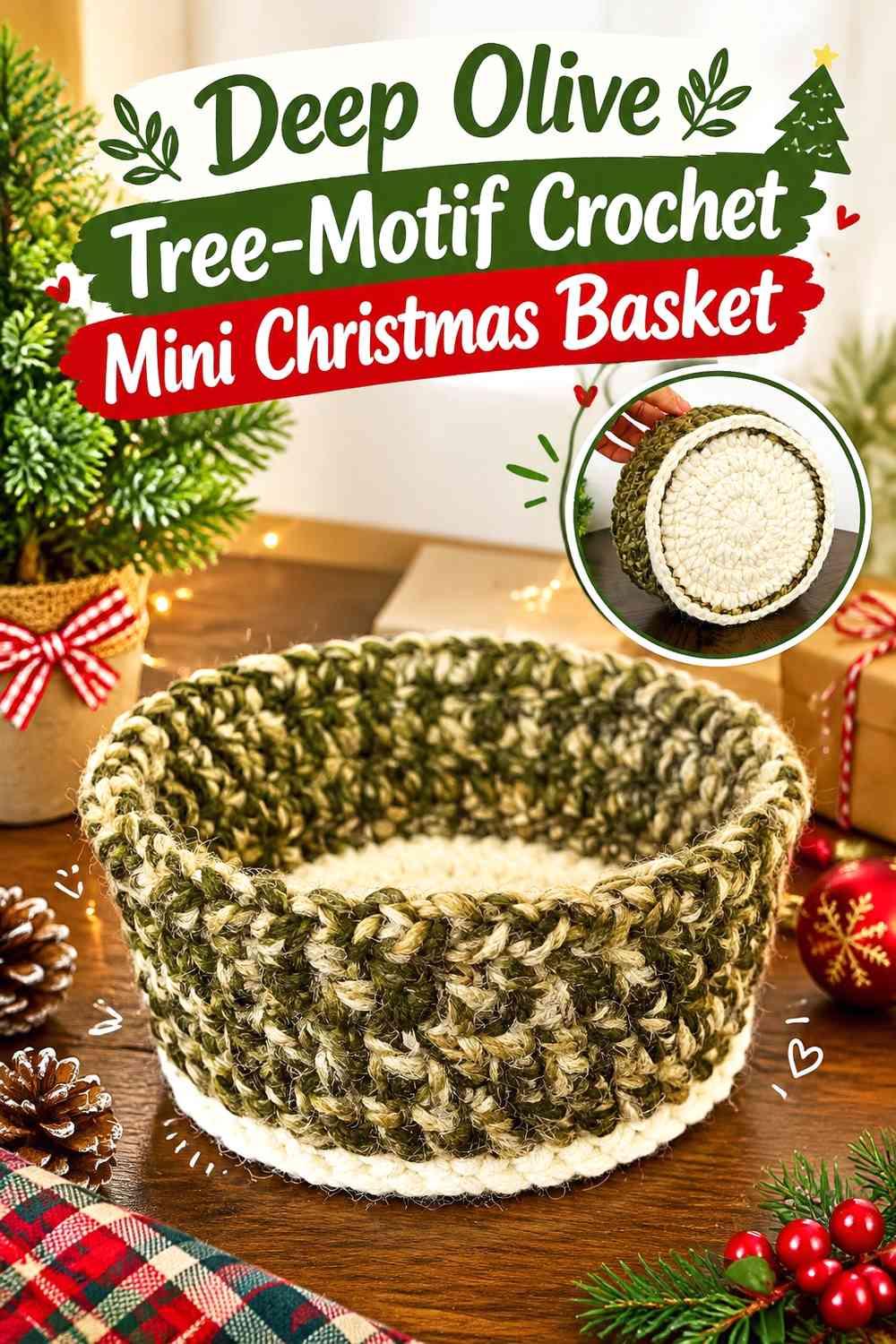 Deep Olive Tree-Motif Crochet Mini Christmas Basket