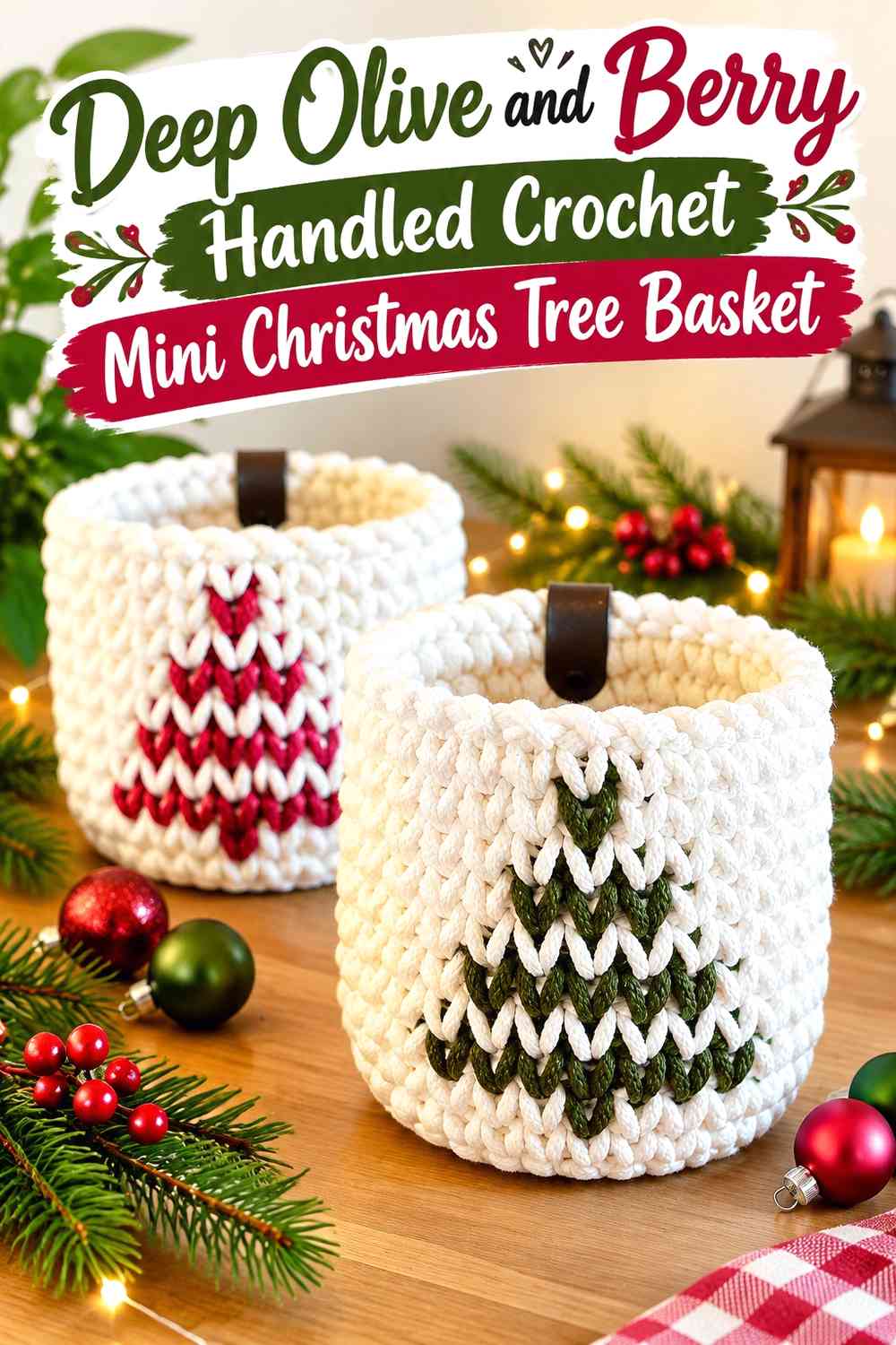 Deep Olive and Berry Handled Crochet Mini Christmas Tree Basket