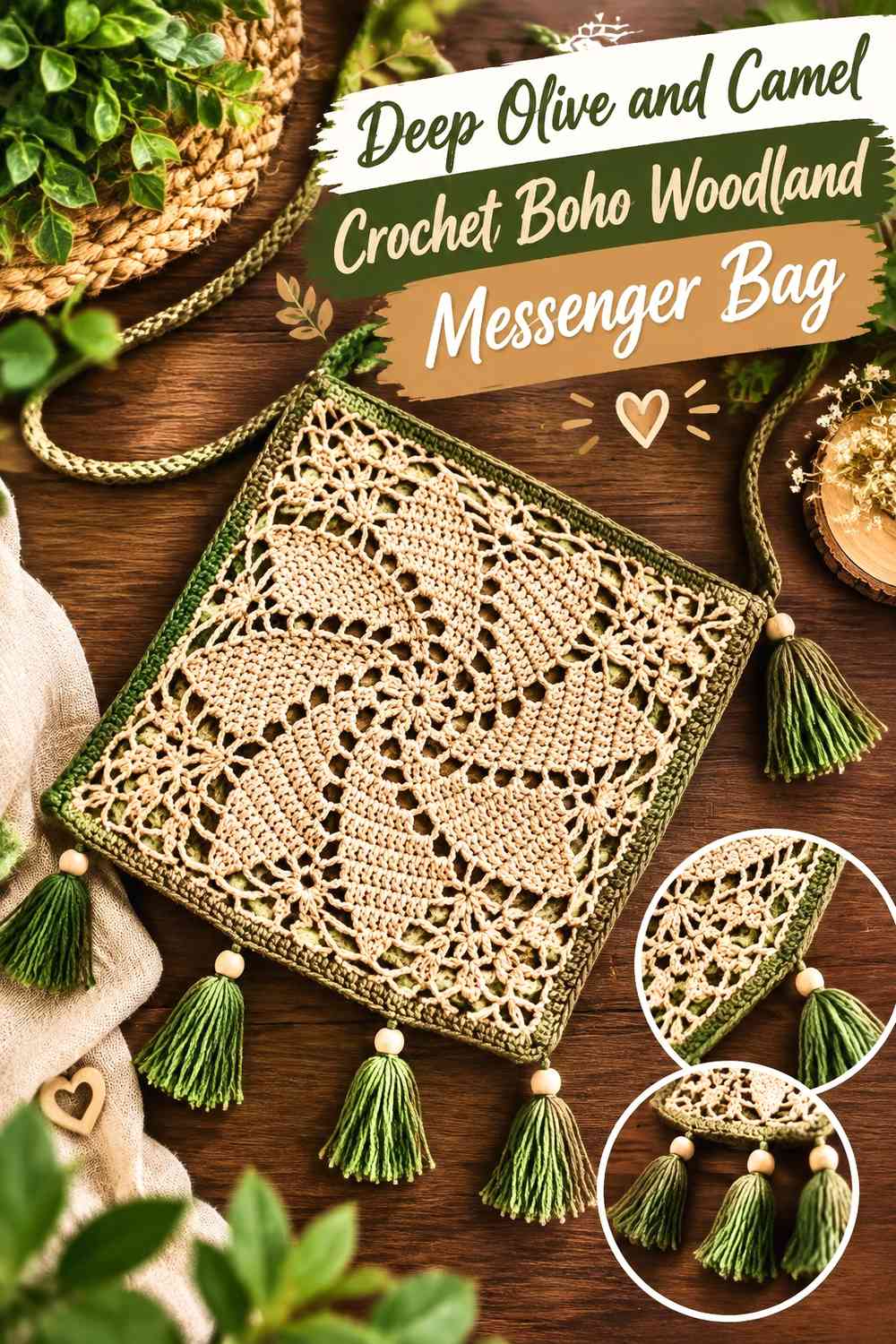 Deep Olive and Camel Crochet Boho Woodland Messenger Bag