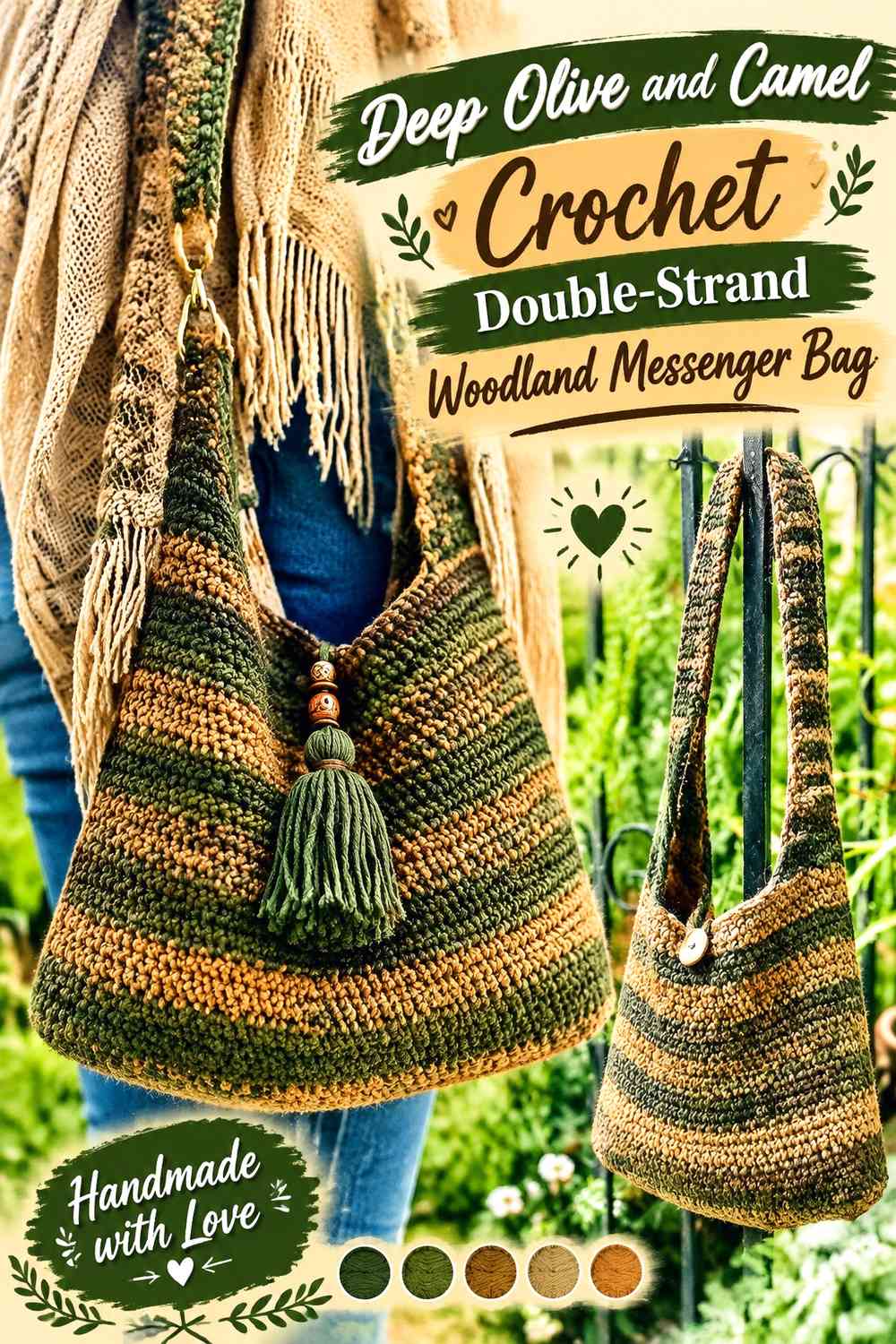 Deep Olive and Camel Crochet Double-Strand Woodland Messenger Bag