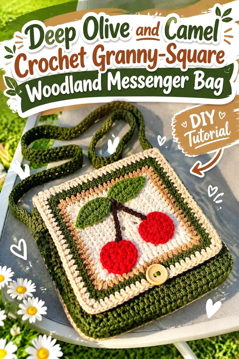 Deep Olive and Camel Crochet Granny-Square Woodland Messenger Bag