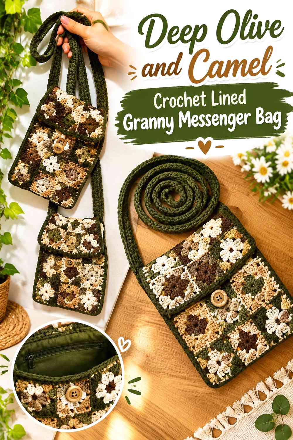 Deep Olive and Camel Crochet Lined Granny Messenger Bag