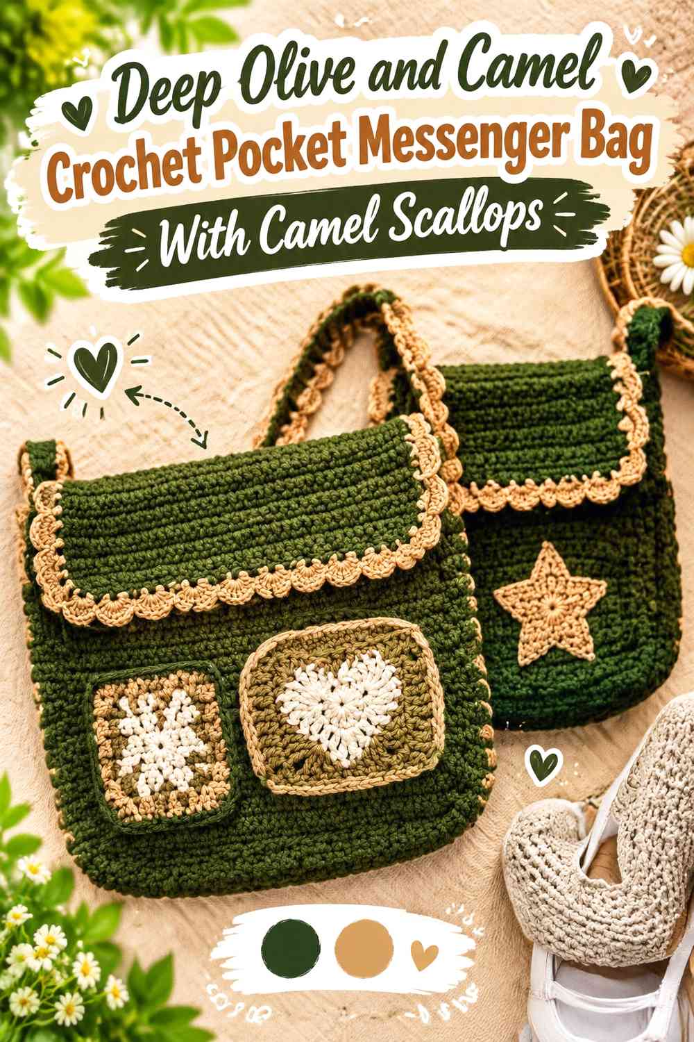 Deep Olive and Camel Crochet Pocket Messenger Bag With Camel Scallops