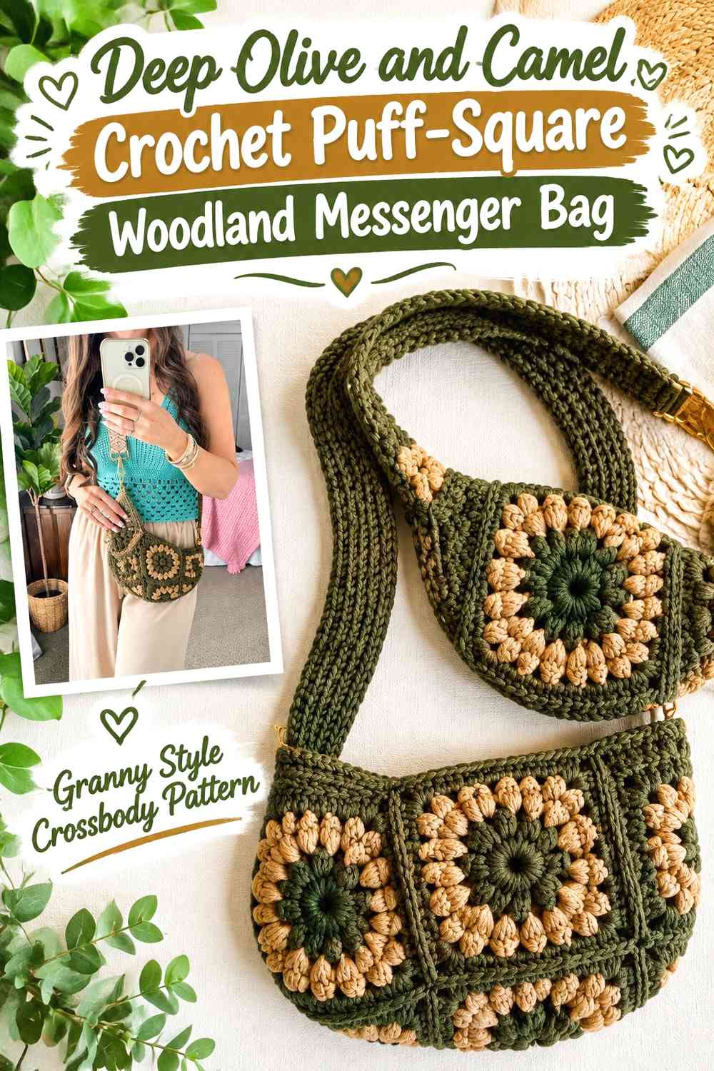 Deep Olive and Camel Crochet Puff-Square Woodland Messenger Bag