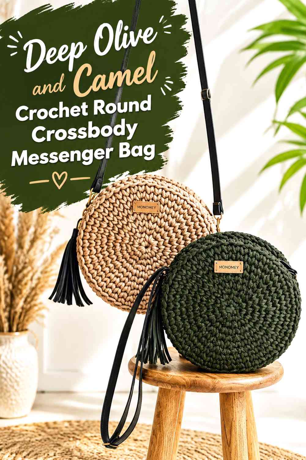 Deep Olive and Camel Crochet Round Crossbody Messenger Bag