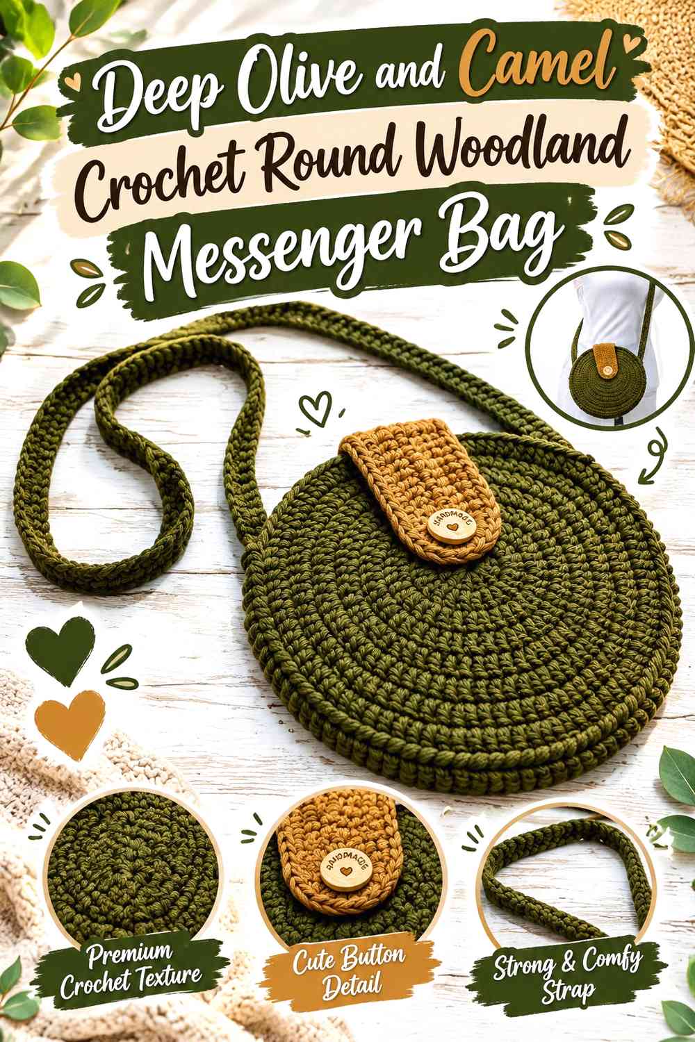 Deep Olive and Camel Crochet Round Woodland Messenger Bag