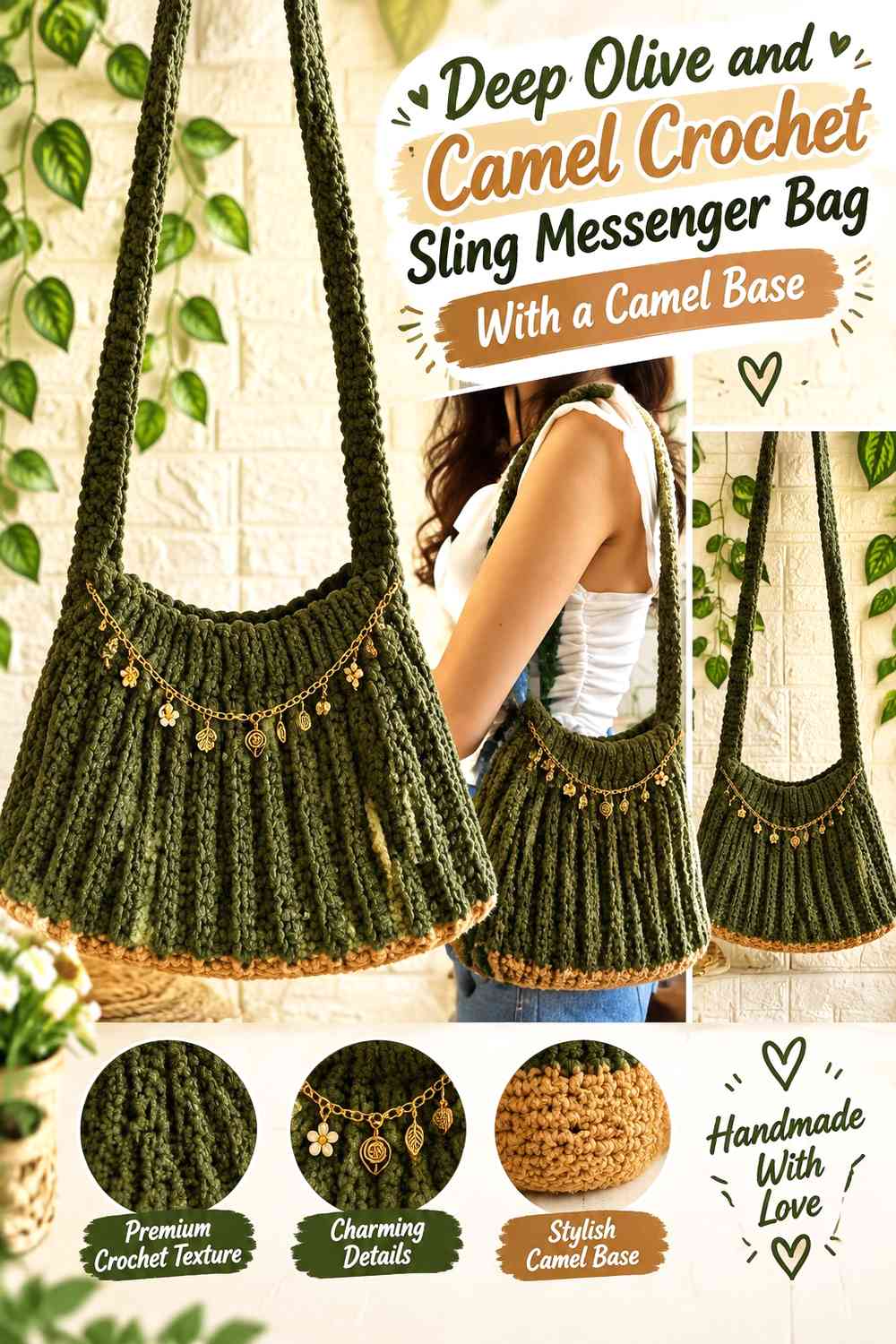 Deep Olive and Camel Crochet Sling Messenger Bag With a Camel Base