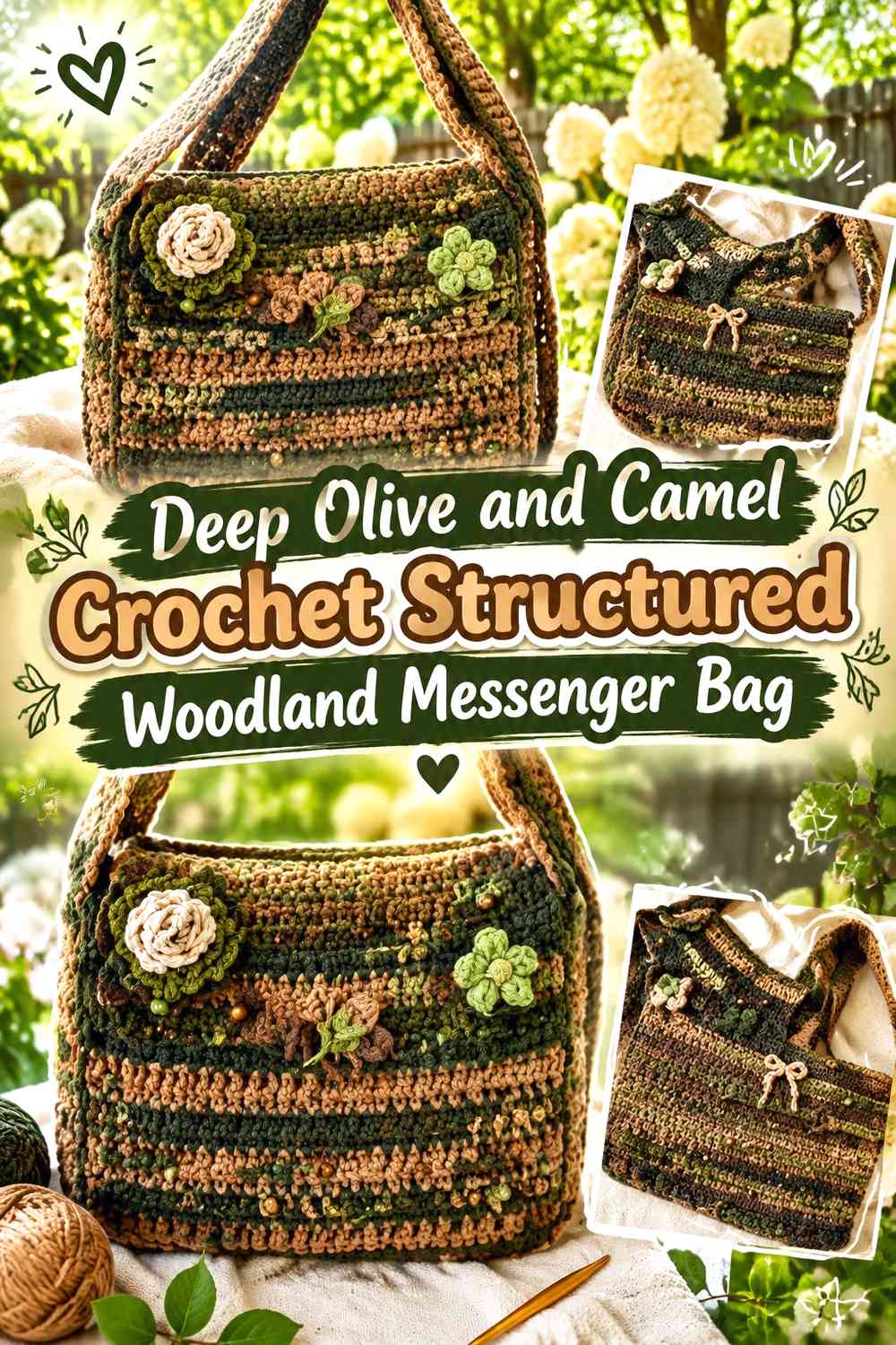 Deep Olive and Camel Crochet Structured Woodland Messenger Bag
