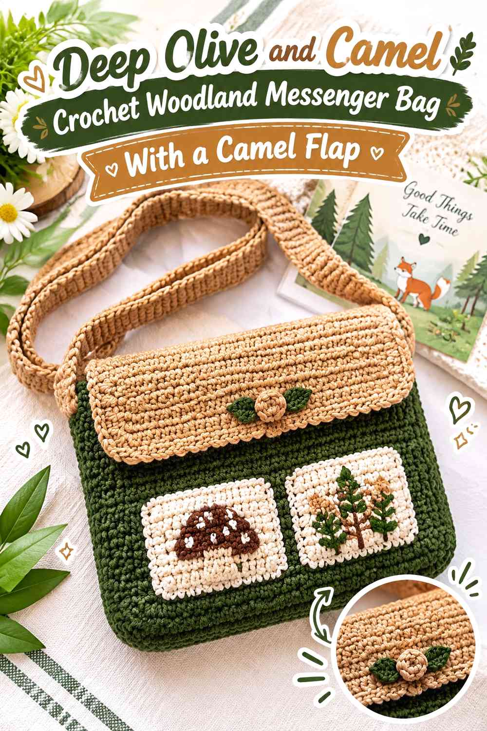 Deep Olive and Camel Crochet Woodland Messenger Bag With a Camel Flap
