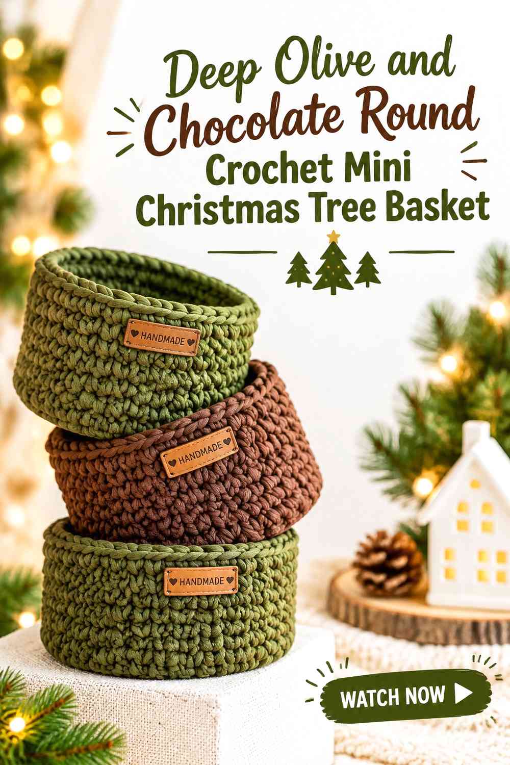 Deep Olive and Chocolate Round Crochet Mini Christmas Tree Basket
