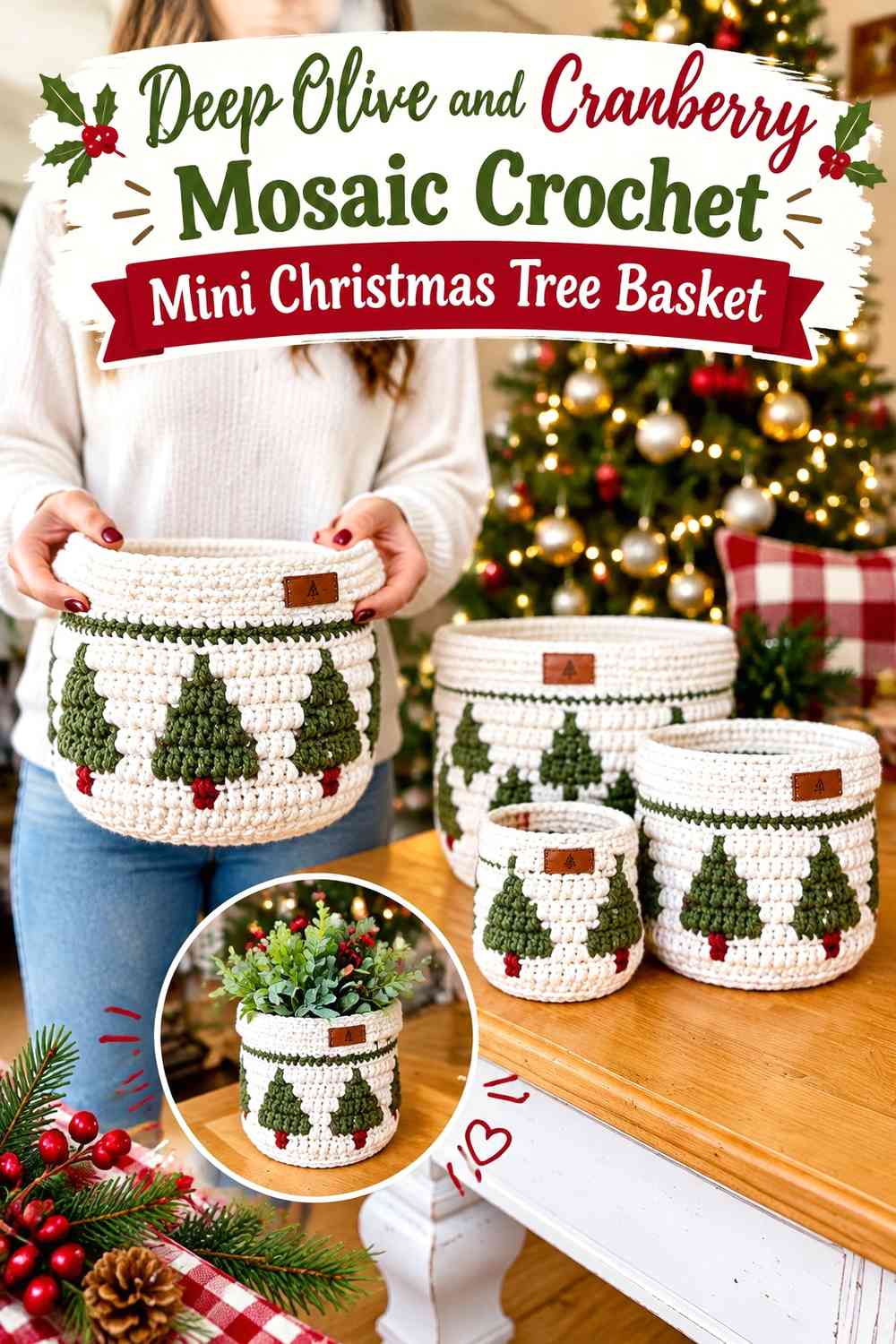 Deep Olive and Cranberry Mosaic Crochet Mini Christmas Tree Basket