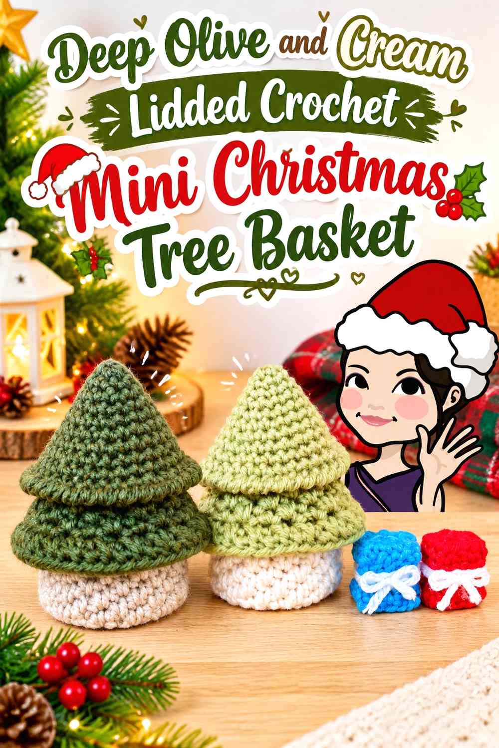Deep Olive and Cream Lidded Crochet Mini Christmas Tree Basket
