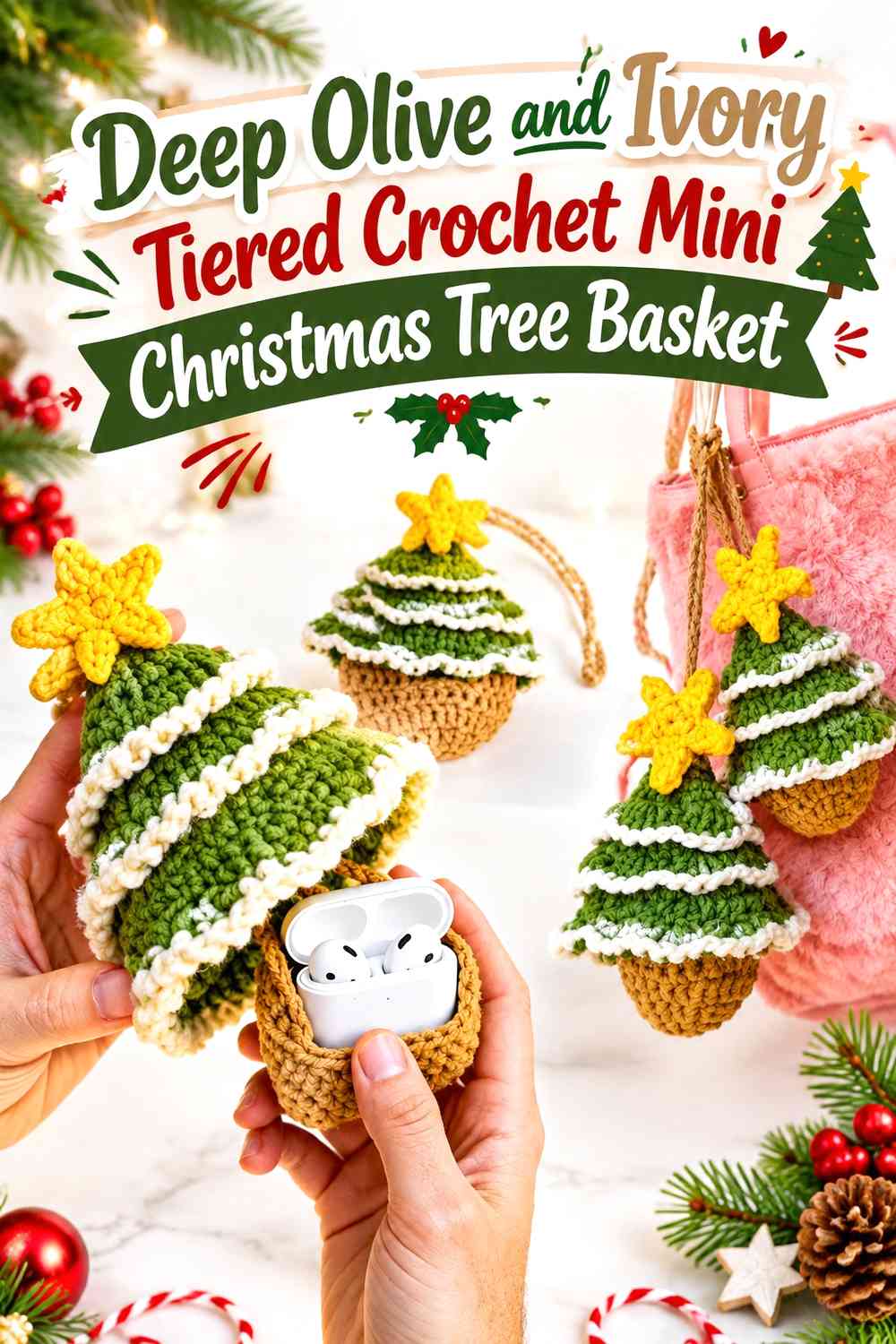Deep Olive and Ivory Tiered Crochet Mini Christmas Tree Basket