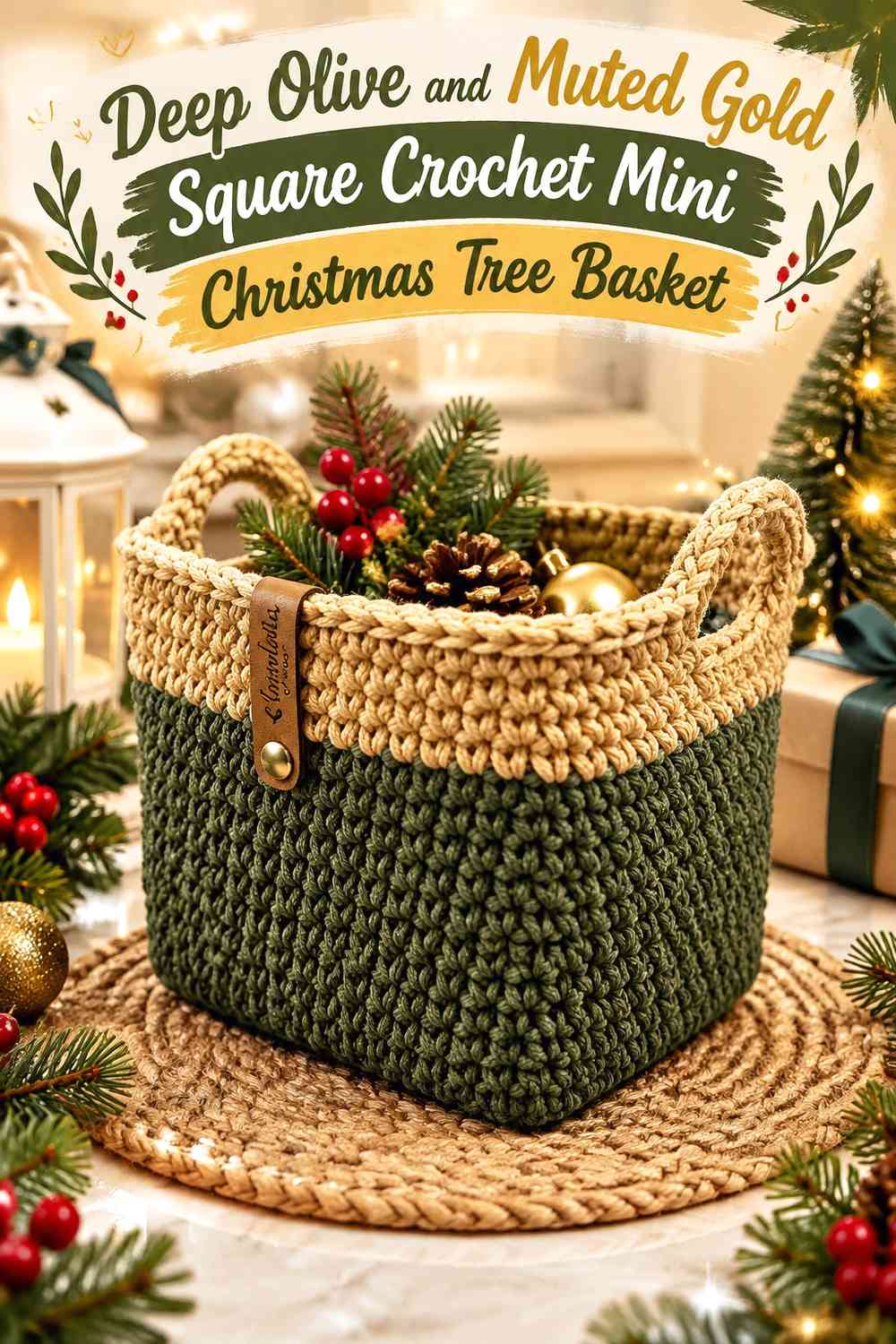Deep Olive and Muted Gold Square Crochet Mini Christmas Tree Basket