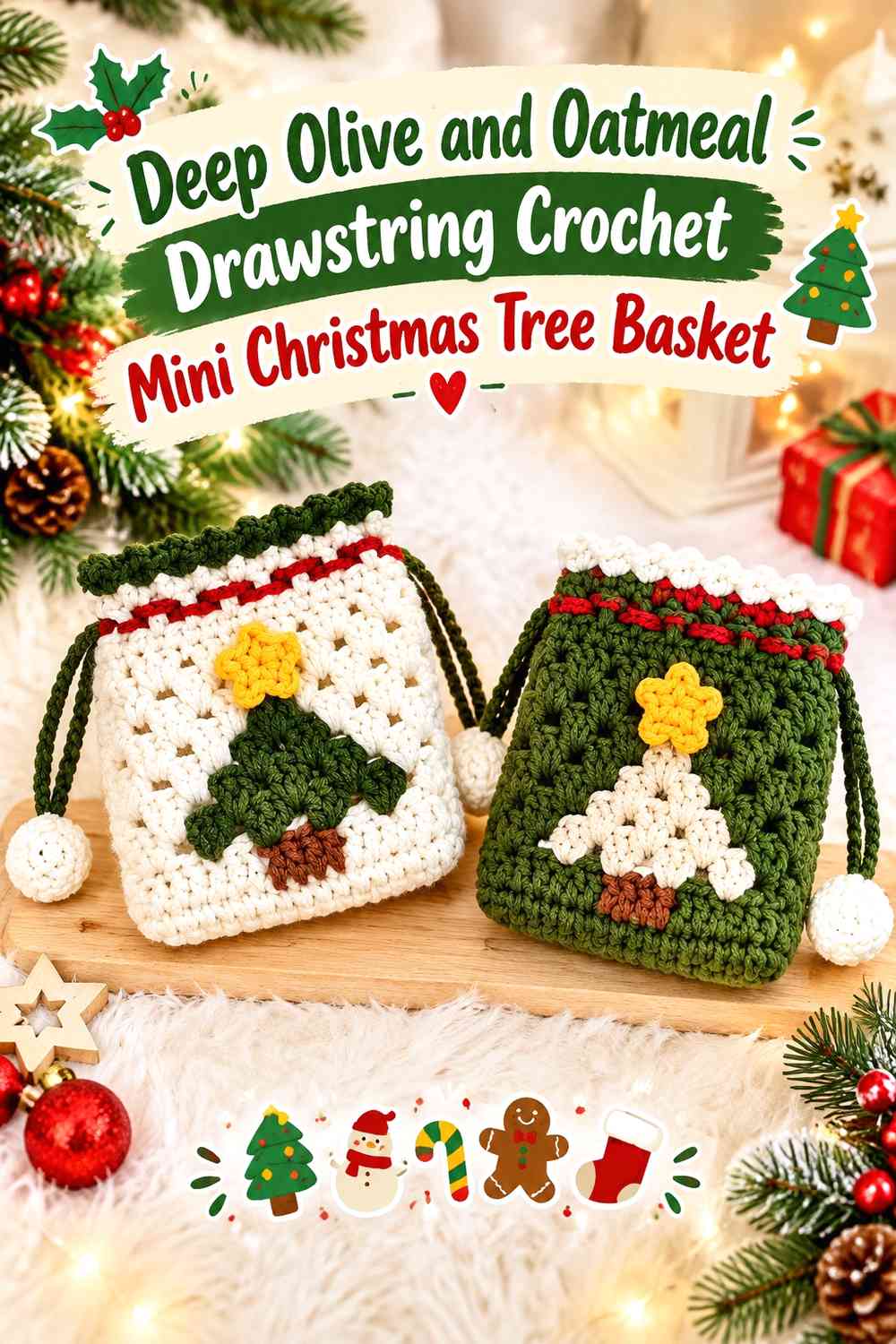 Deep Olive and Oatmeal Drawstring Crochet Mini Christmas Tree Basket