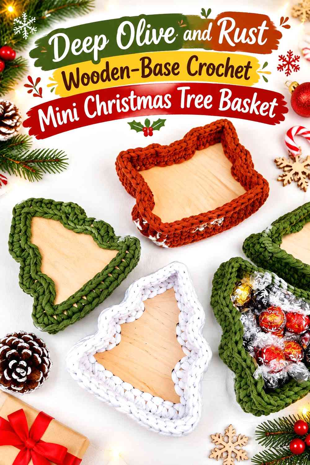 Deep Olive and Rust Wooden-Base Crochet Mini Christmas Tree Basket