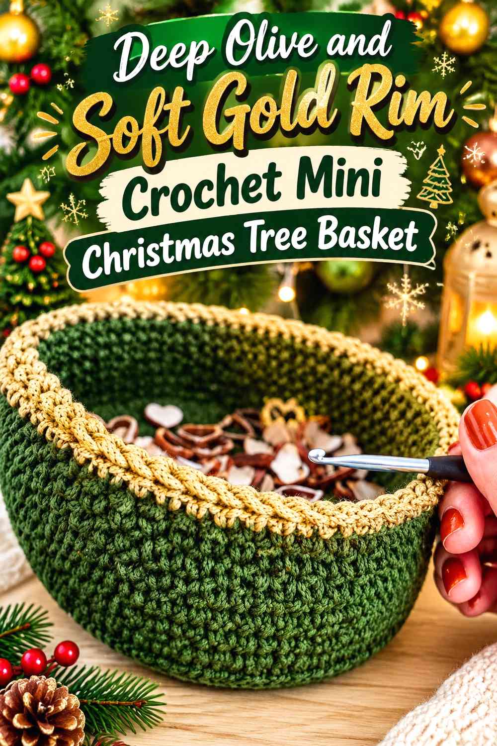 Deep Olive and Soft Gold Rim Crochet Mini Christmas Tree Basket