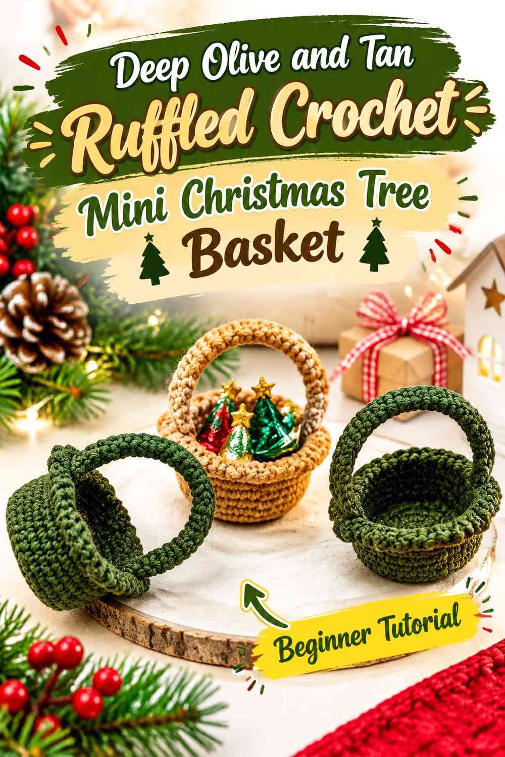 Deep Olive and Tan Ruffled Crochet Mini Christmas Tree Basket