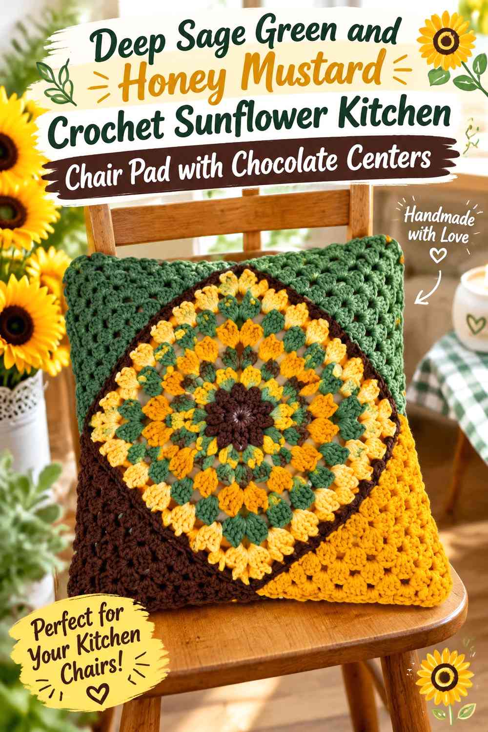 Deep Sage Green and Honey Mustard Crochet Sunflower Kitchen Chair Pad with Chocolate Centers