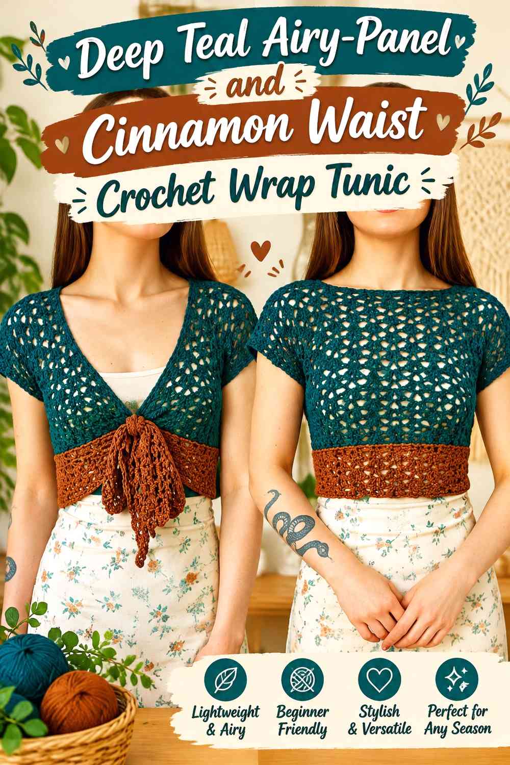 Deep Teal Airy-Panel and Cinnamon Waist Crochet Wrap Tunic