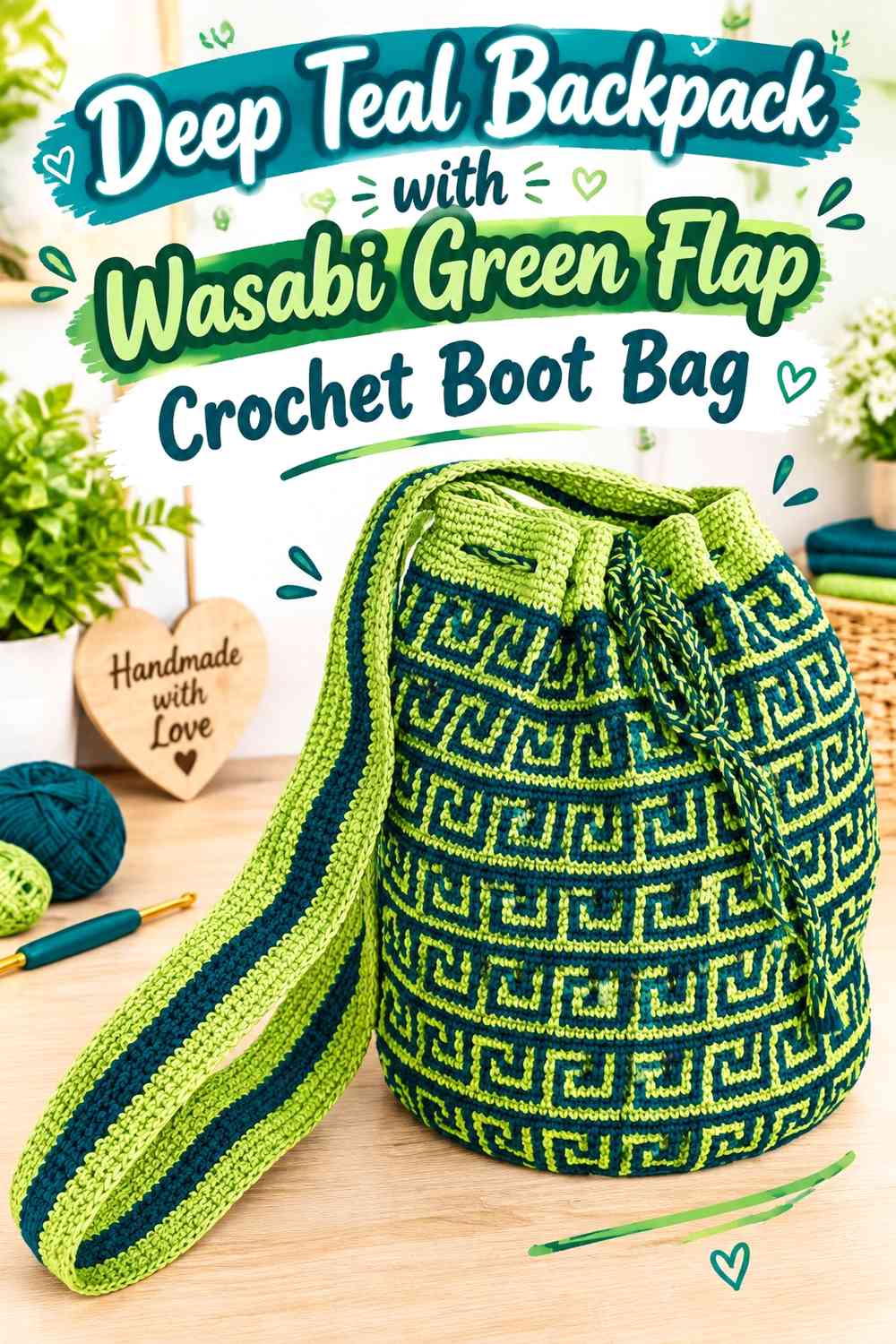 Deep Teal Backpack with Wasabi Green Flap Crochet Boot Bag