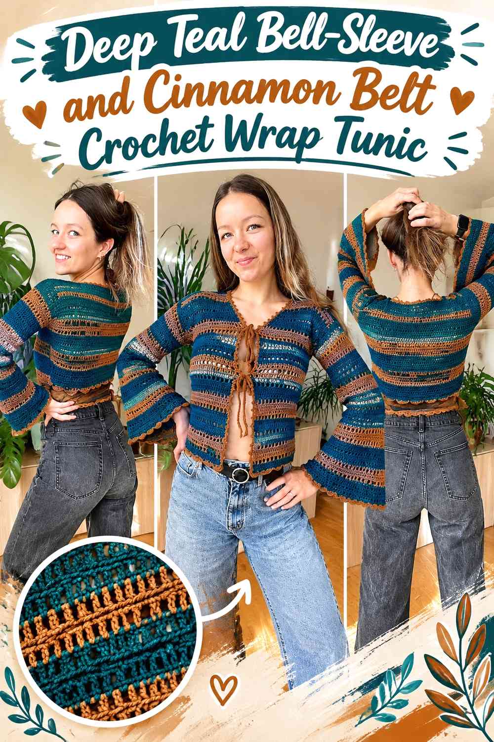 Deep Teal Bell-Sleeve and Cinnamon Belt Crochet Wrap Tunic