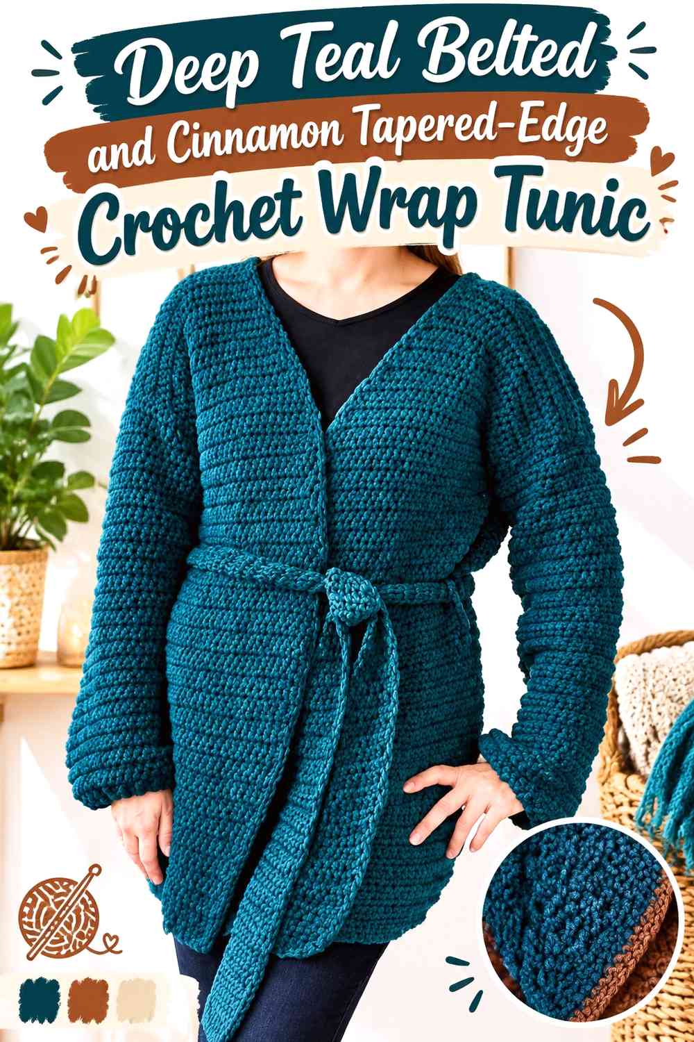 Deep Teal Belted and Cinnamon Tapered-Edge Crochet Wrap Tunic