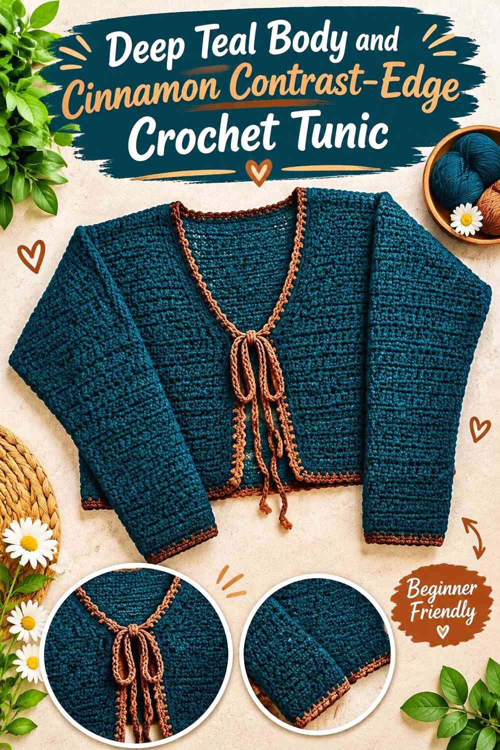 Deep Teal Body and Cinnamon Contrast-Edge Crochet Tunic