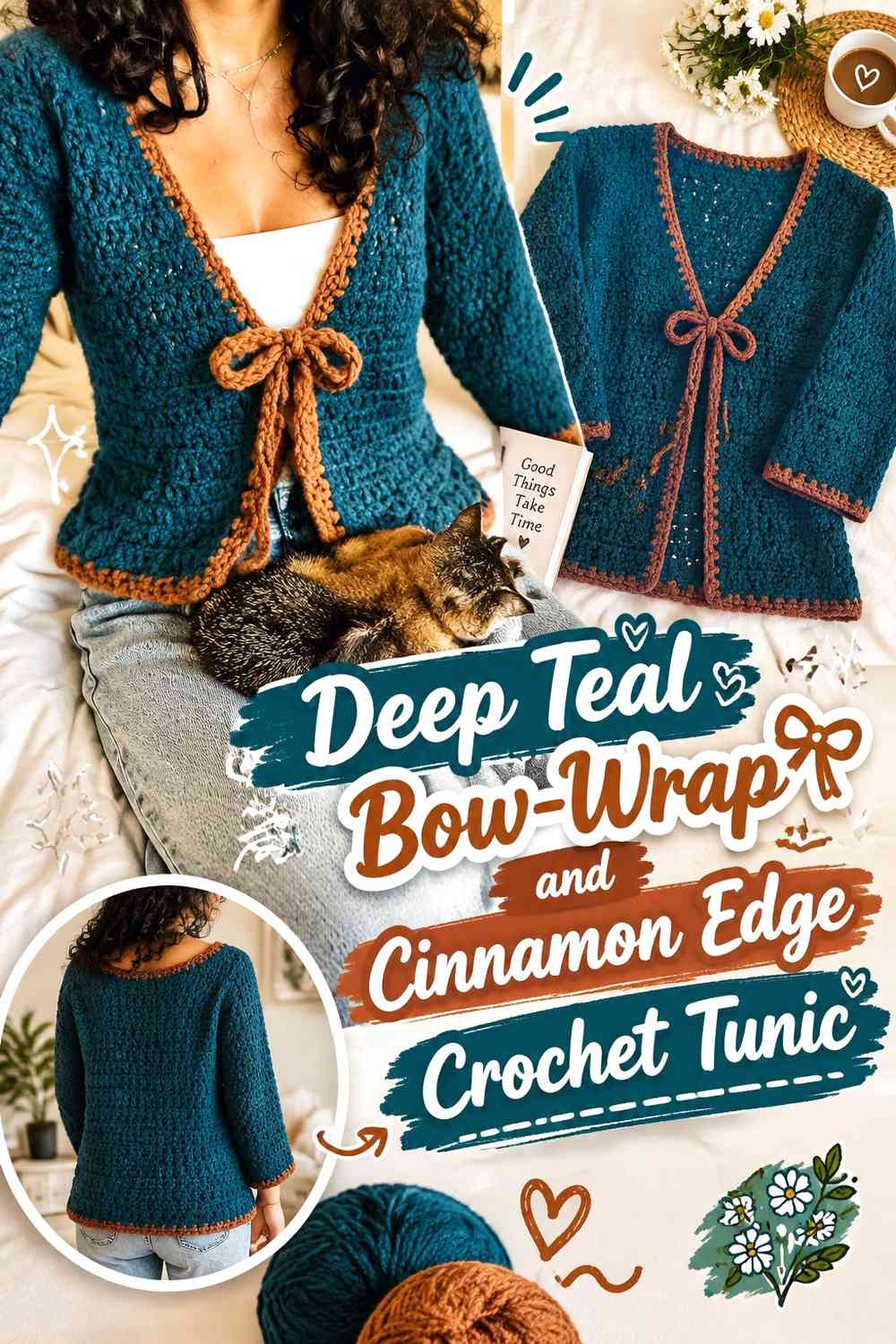 Deep Teal Bow-Wrap and Cinnamon Edge Crochet Tunic