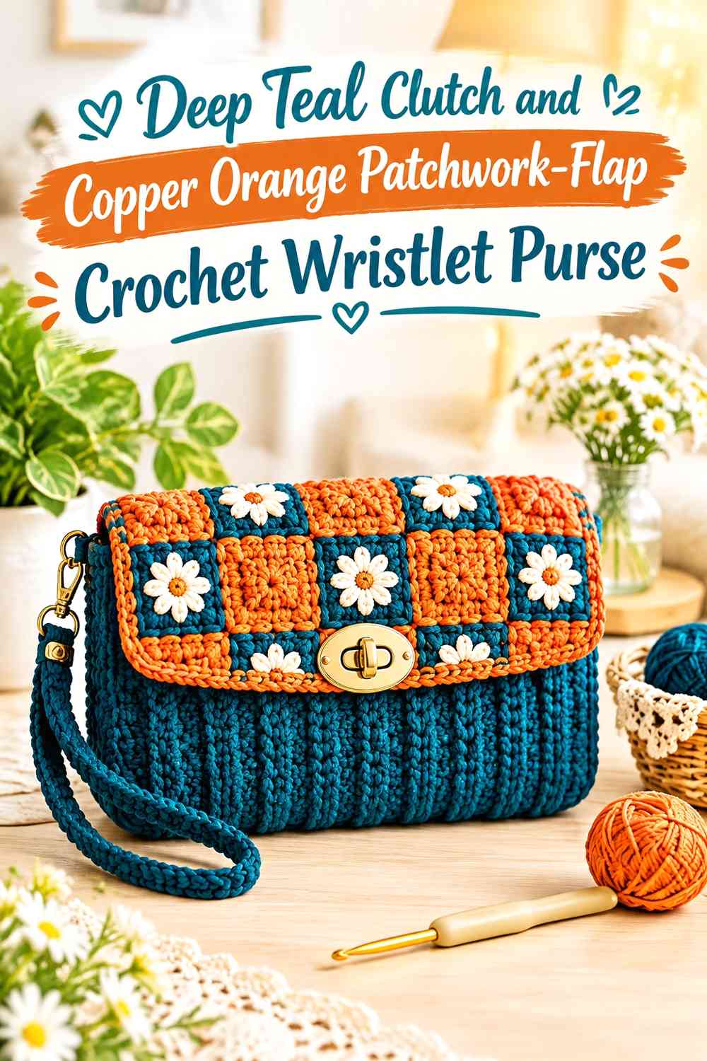 Deep Teal Clutch and Copper Orange Patchwork-Flap Crochet Wristlet Purse