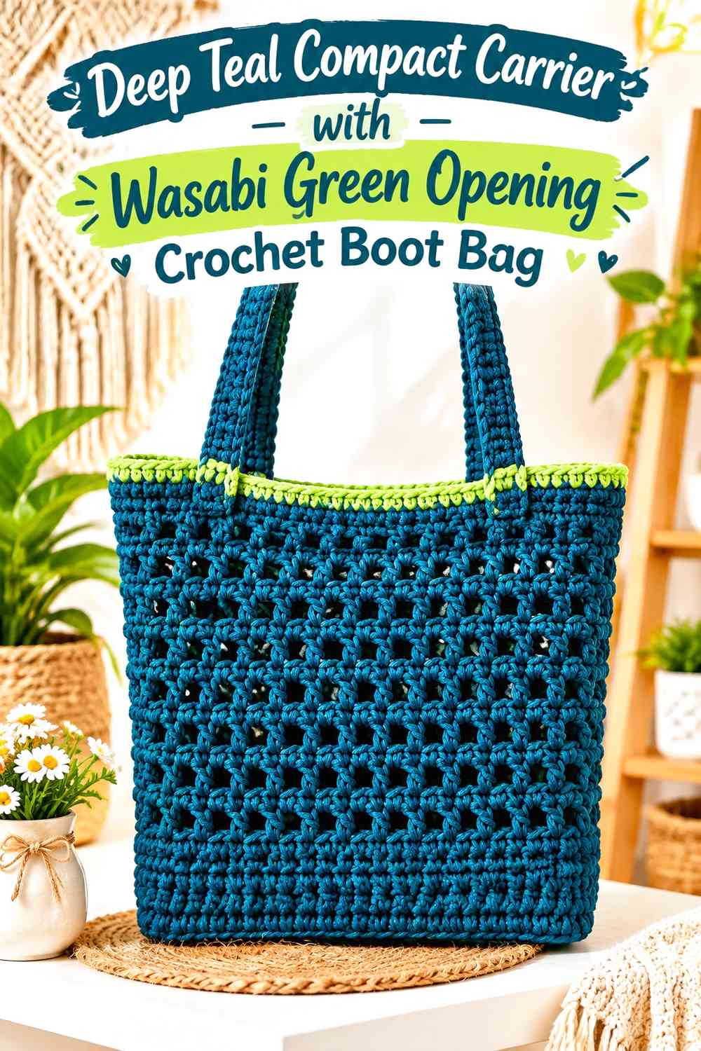 Deep Teal Compact Carrier with Wasabi Green Opening Crochet Boot Bag